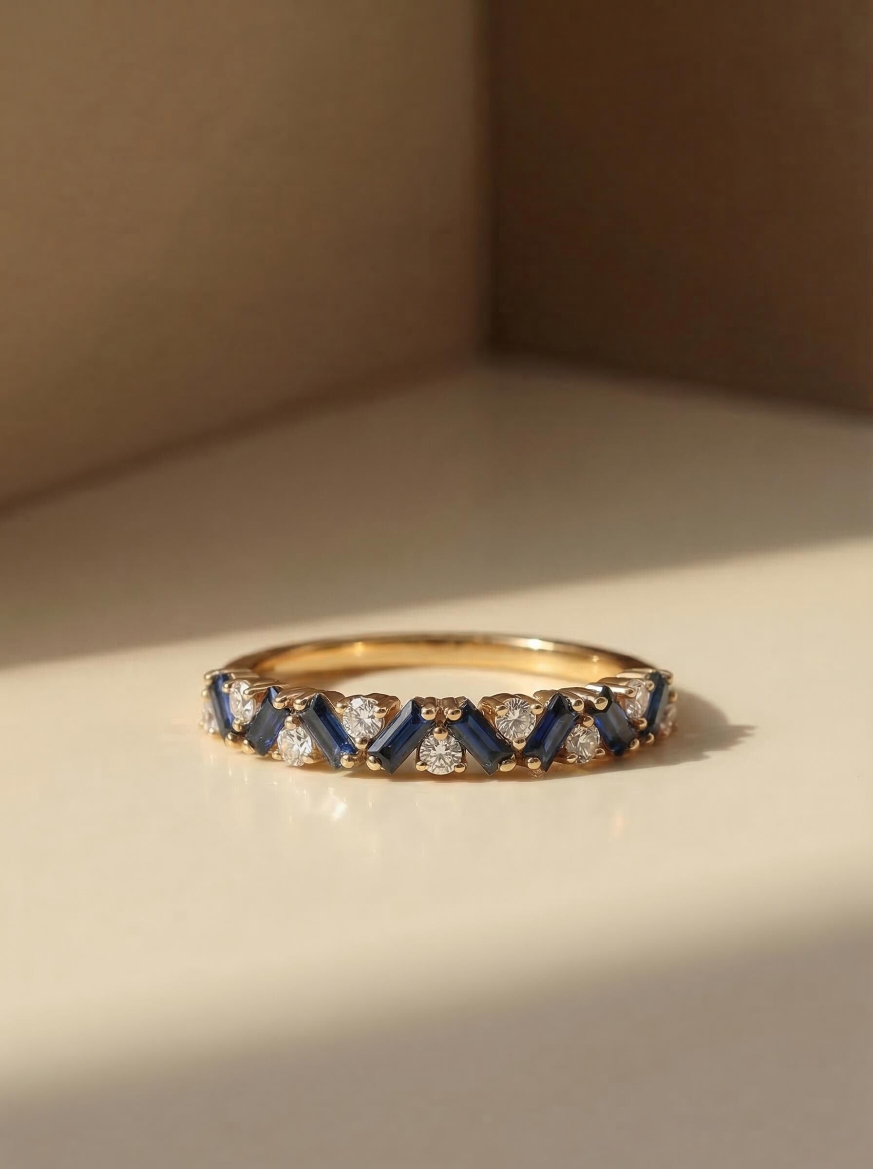 Unique Blue Sapphire Gold Wedding Band Moissanite Band Art Deco Matching Rings Gift For Her