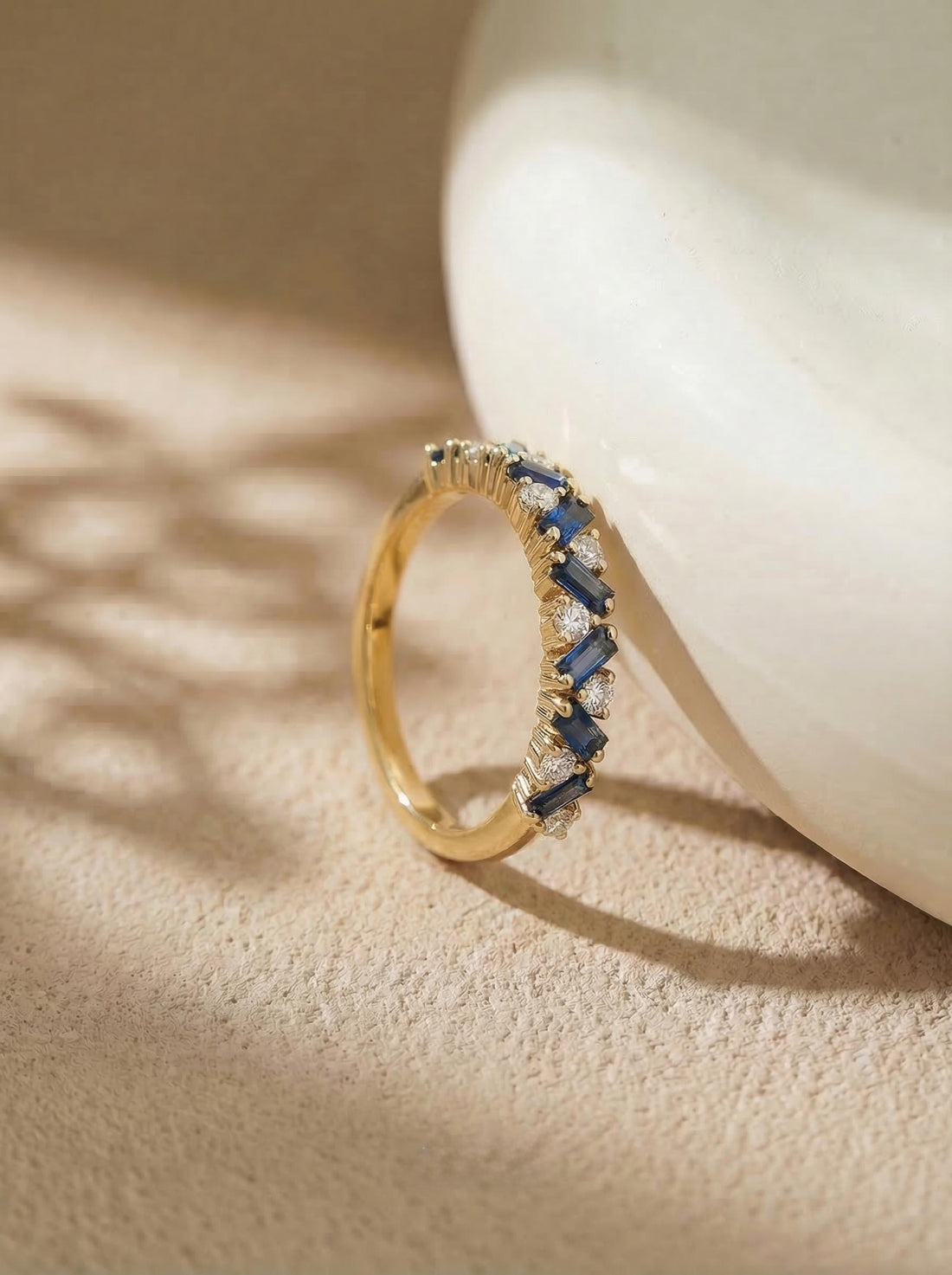 Unique Blue Sapphire Gold Wedding Band Moissanite Band Art Deco Matching Rings Gift For Her