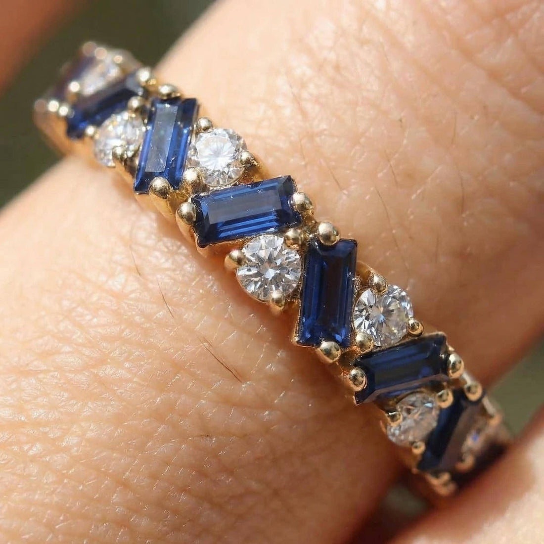Unique Blue Sapphire Gold Wedding Band Moissanite Band Art Deco Matching Rings Gift For Her