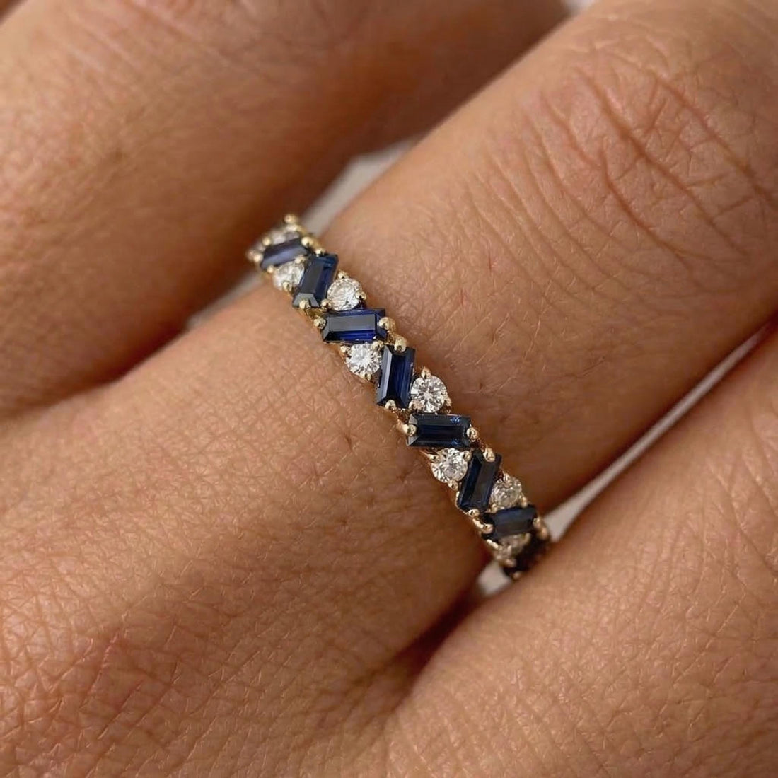 Unique Blue Sapphire Gold Wedding Band Moissanite Band Art Deco Matching Rings Gift For Her