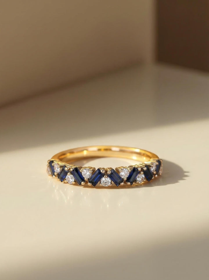 Unique Blue Sapphire Gold Wedding Band Moissanite Band Art Deco Matching Rings Gift For Her