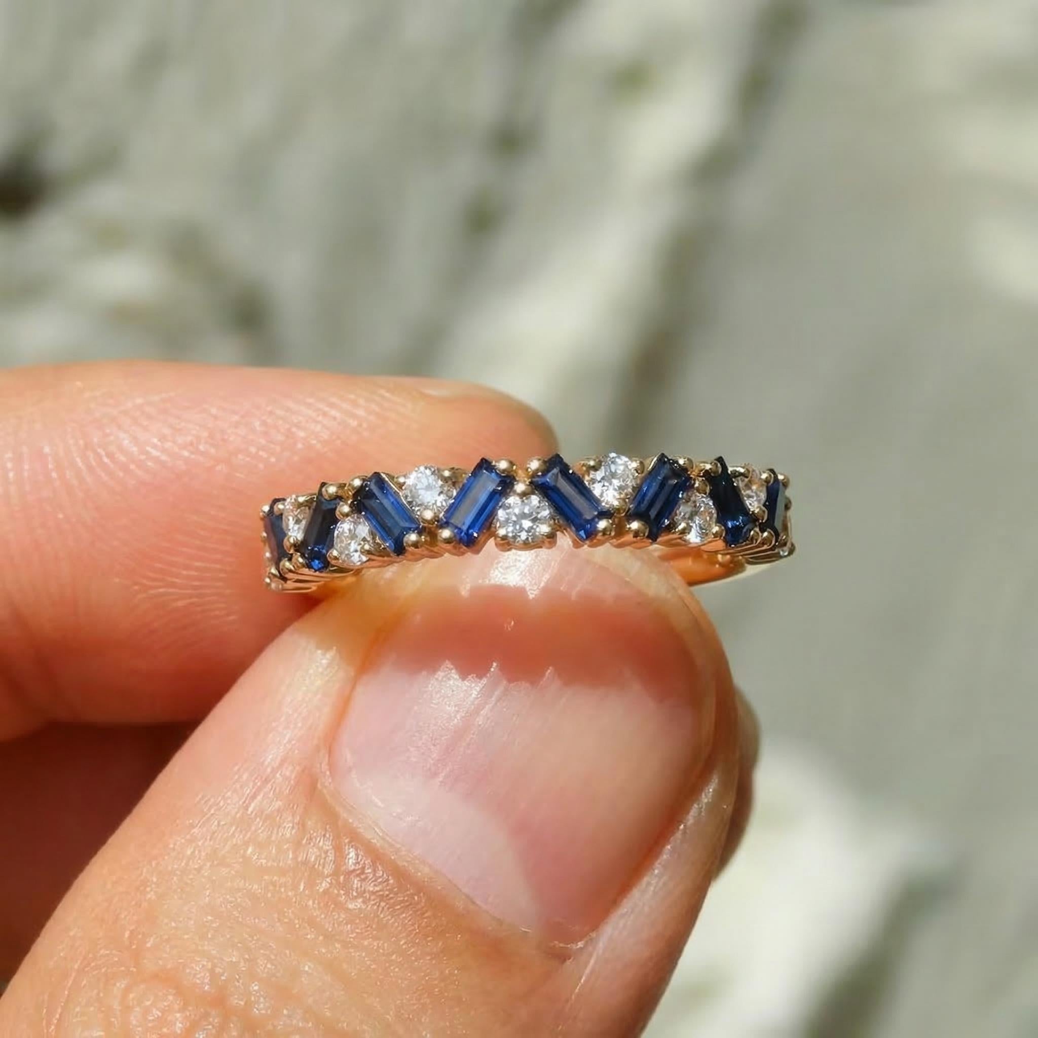 Unique Blue Sapphire Gold Wedding Band Moissanite Band Art Deco Matching Rings Gift For Her