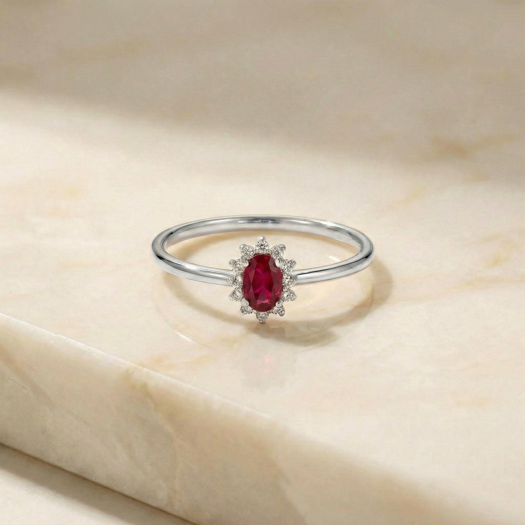 Oval Ruby Halo Ring, 14K Solid Gold Ruby Solitaire Ring, July Birthstone Ring