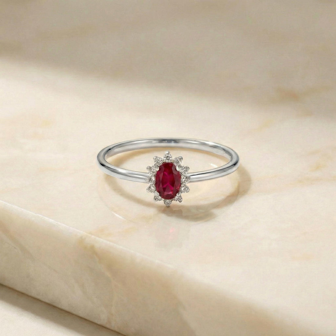 Oval Ruby Halo Ring, 14K Solid Gold Ruby Solitaire Ring, July Birthstone Ring