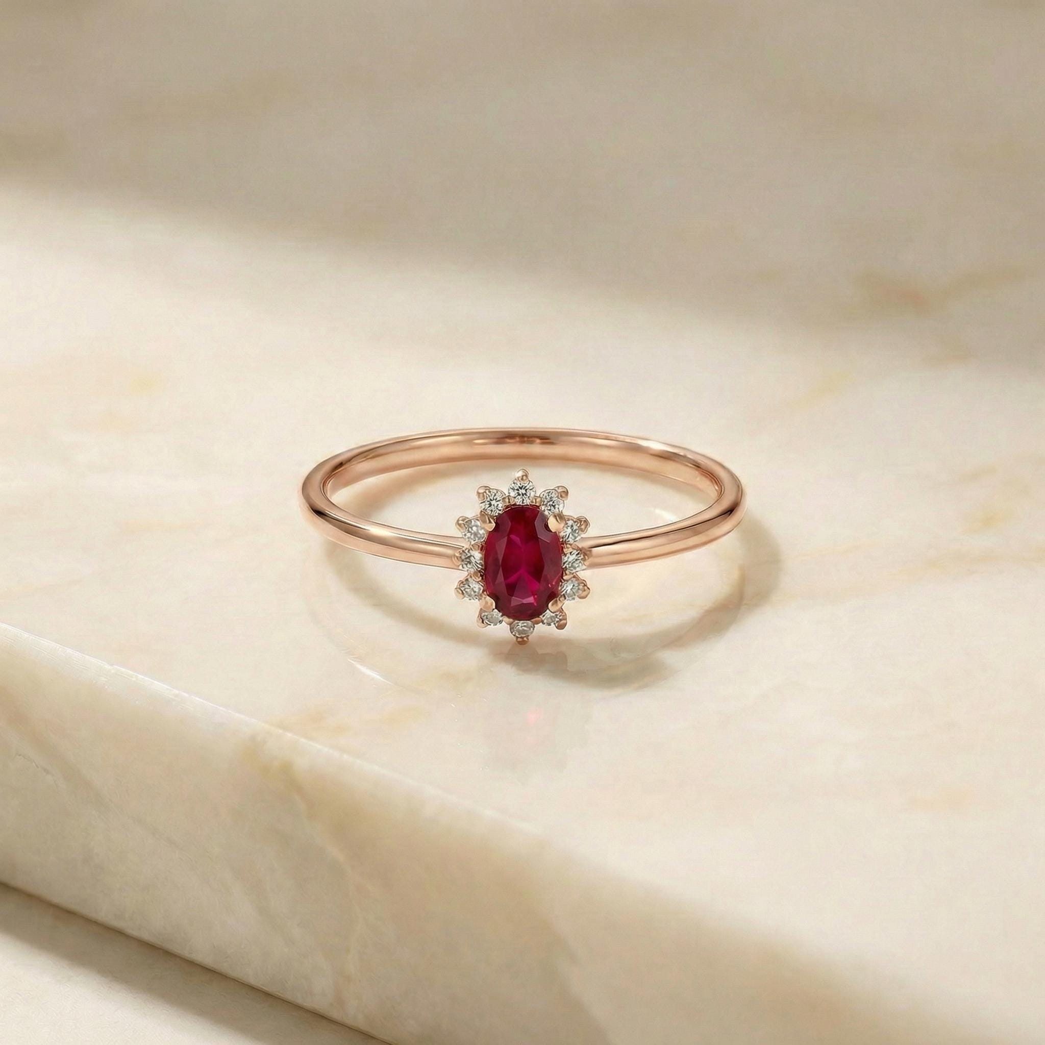 Oval Ruby Halo Ring, 14K Solid Gold Ruby Solitaire Ring, July Birthstone Ring