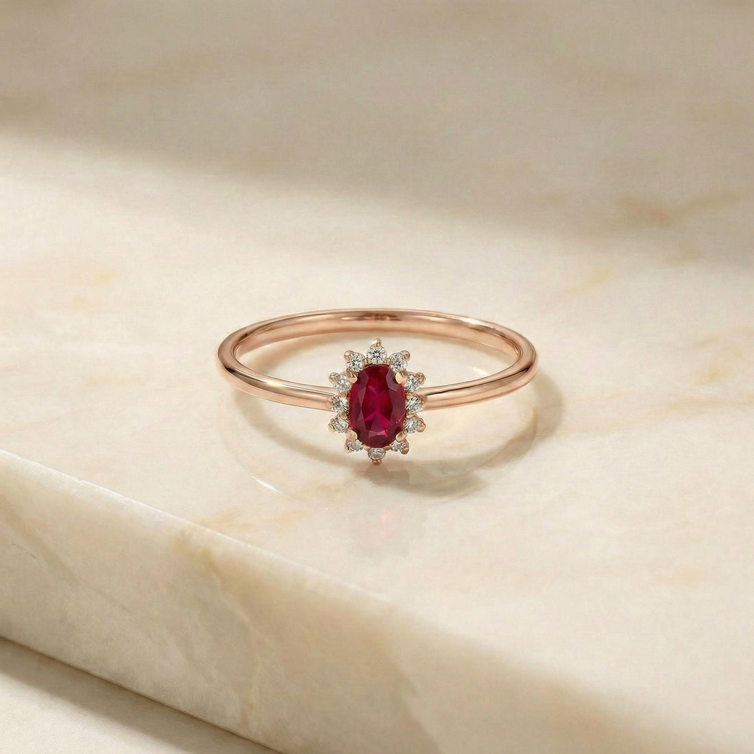 Oval Ruby Halo Ring, 14K Solid Gold Ruby Solitaire Ring, July Birthstone Ring