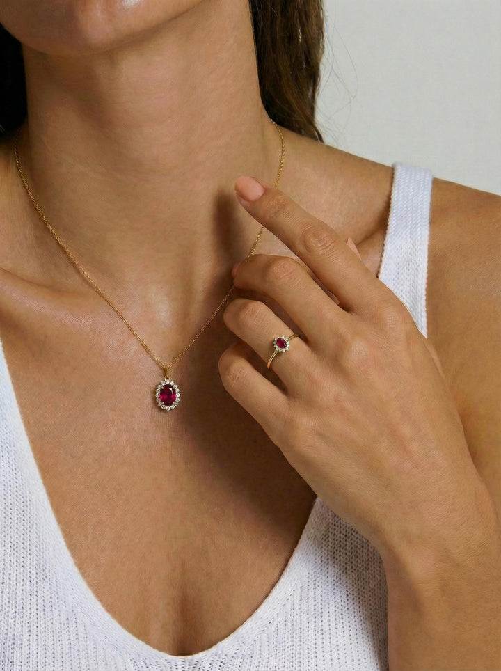 Oval Ruby Halo Ring, 14K Solid Gold Ruby Solitaire Ring, July Birthstone Ring