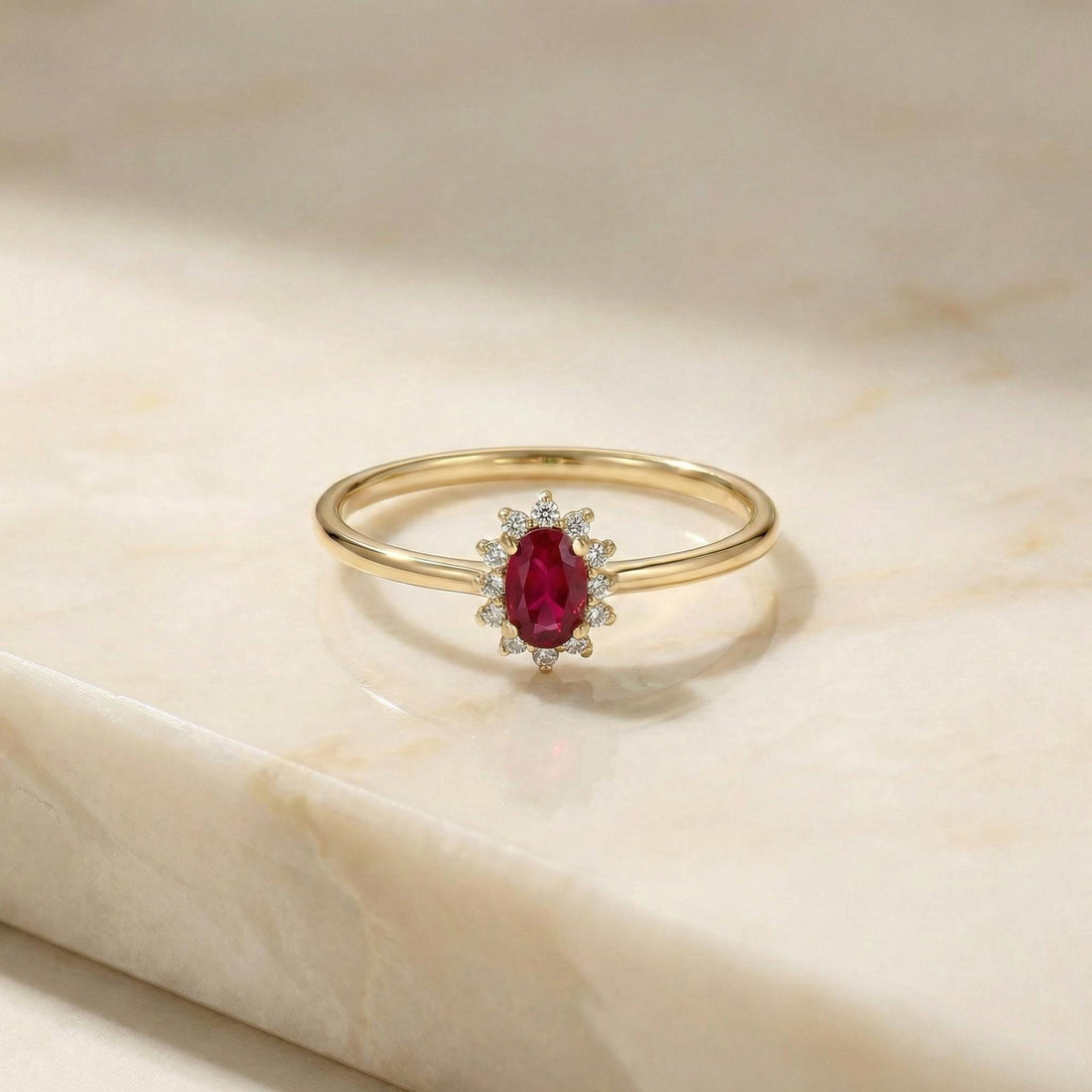 Oval Ruby Halo Ring, 14K Solid Gold Ruby Solitaire Ring, July Birthstone Ring