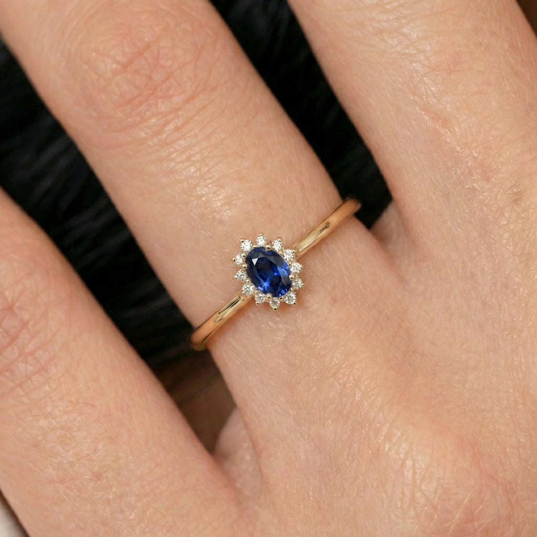 Oval Sapphire Halo Ring, 14K Solid Gold Sapphire Solitaire Ring, September Birthstone Ring, Dainty Gold Engagement Ring
