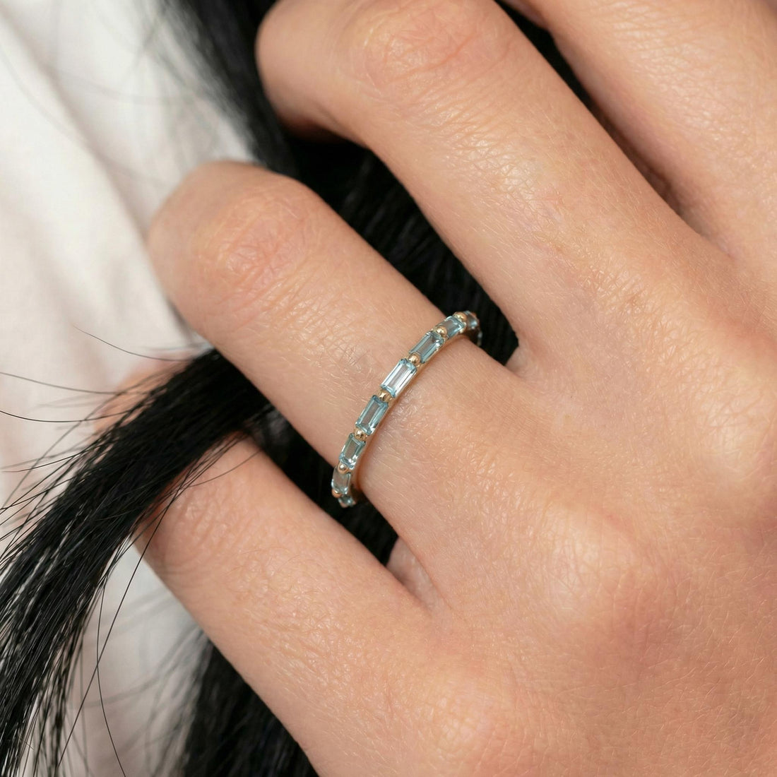Baguette Aquamarine Wedding Ring, March Birthstone Ring, Half Eternity Baguette Aquamarine Ring, Vintage Promise Ring Gift for Her
