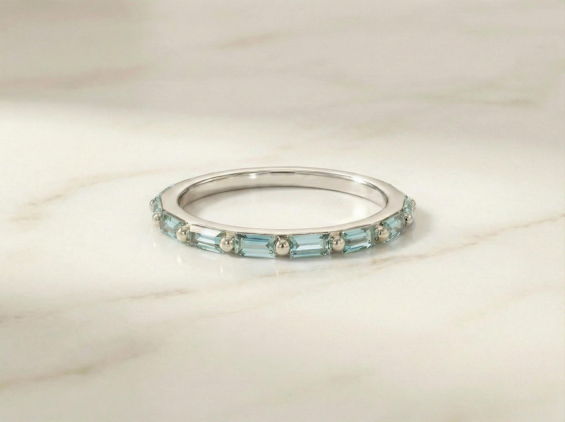 Baguette Aquamarine Wedding Ring, March Birthstone Ring, Half Eternity Baguette Aquamarine Ring, Vintage Promise Ring Gift for Her