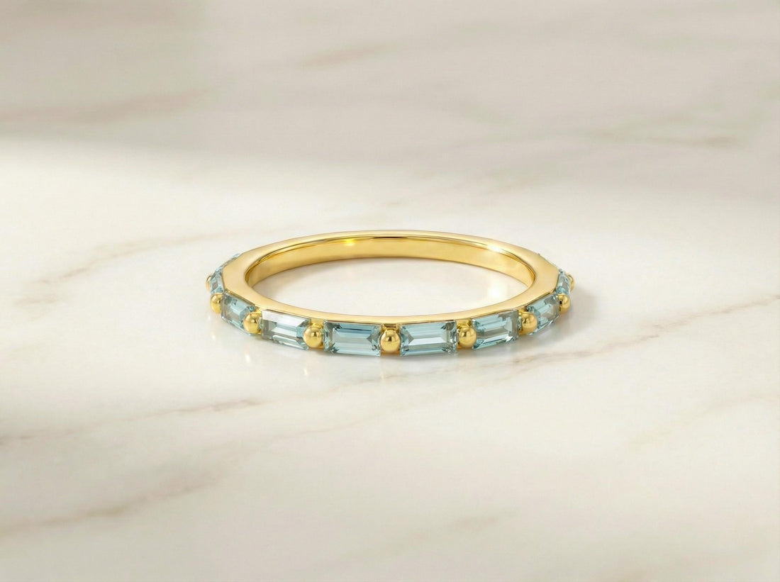 Baguette Aquamarine Wedding Ring, March Birthstone Ring, Half Eternity Baguette Aquamarine Ring, Vintage Promise Ring Gift for Her