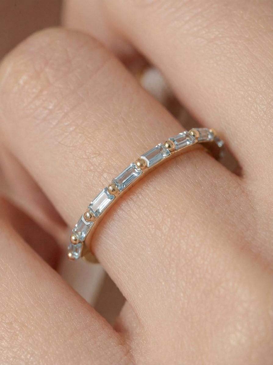 Baguette Aquamarine Wedding Ring, March Birthstone Ring, Half Eternity Baguette Aquamarine Ring, Vintage Promise Ring Gift for Her