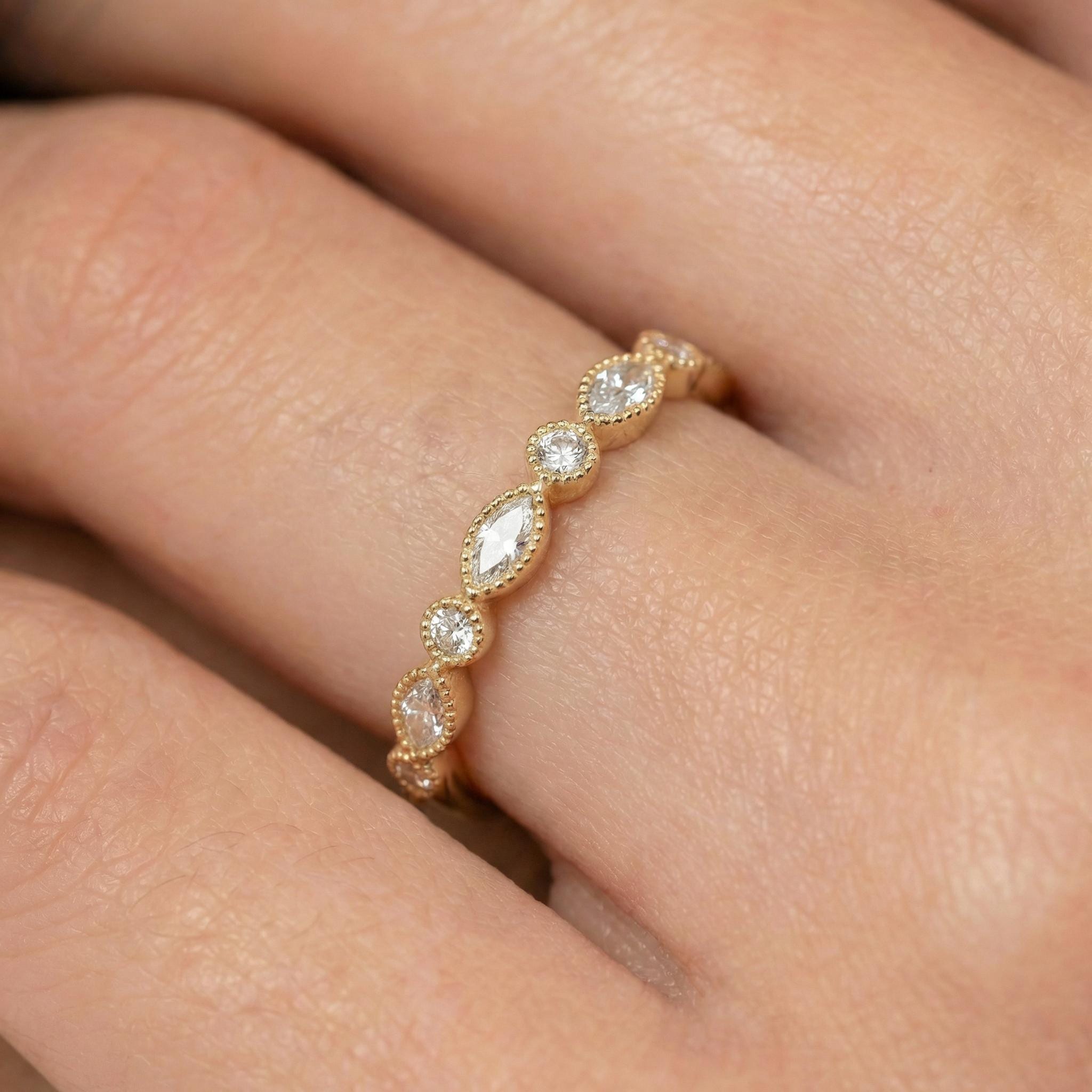Round and Marquise Lab-Grown Diamond Wedding Ring, 1.5mm Art Deco Stacking Ring, Half Eternity Matching Band Gift for Women (1.50mm)