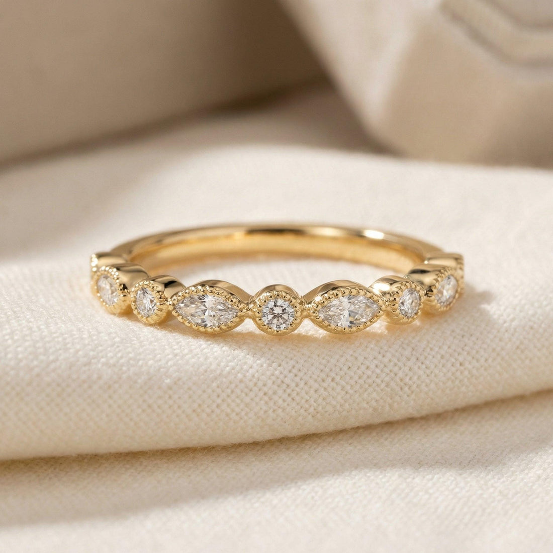 Round and Marquise Lab-Grown Diamond Wedding Ring, 1.5mm Art Deco Stacking Ring, Half Eternity Matching Band Gift for Women (1.50mm)