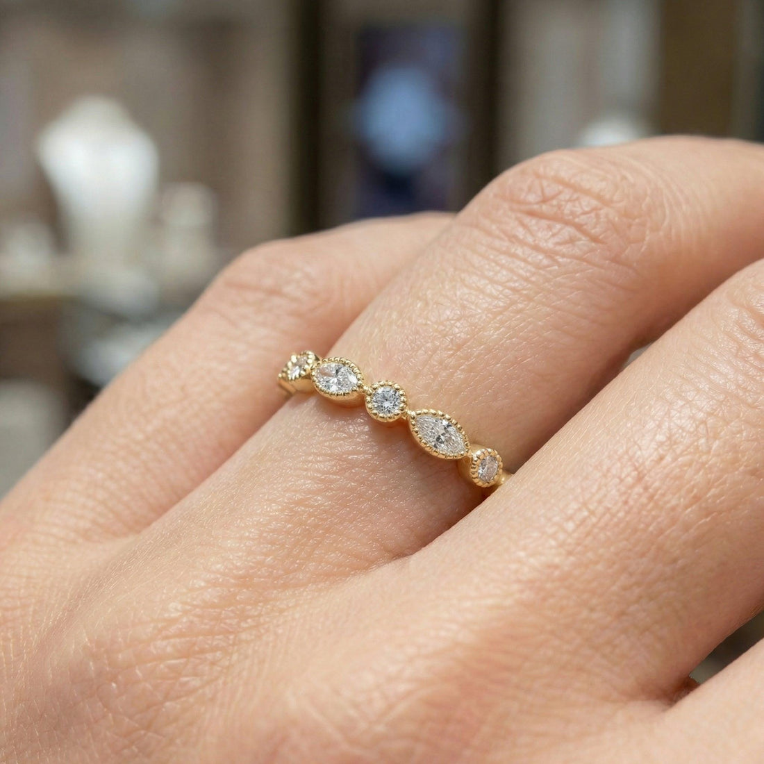 Round and Marquise Lab-Grown Diamond Wedding Ring, 1.5mm Art Deco Stacking Ring, Half Eternity Matching Band Gift for Women (1.50mm)
