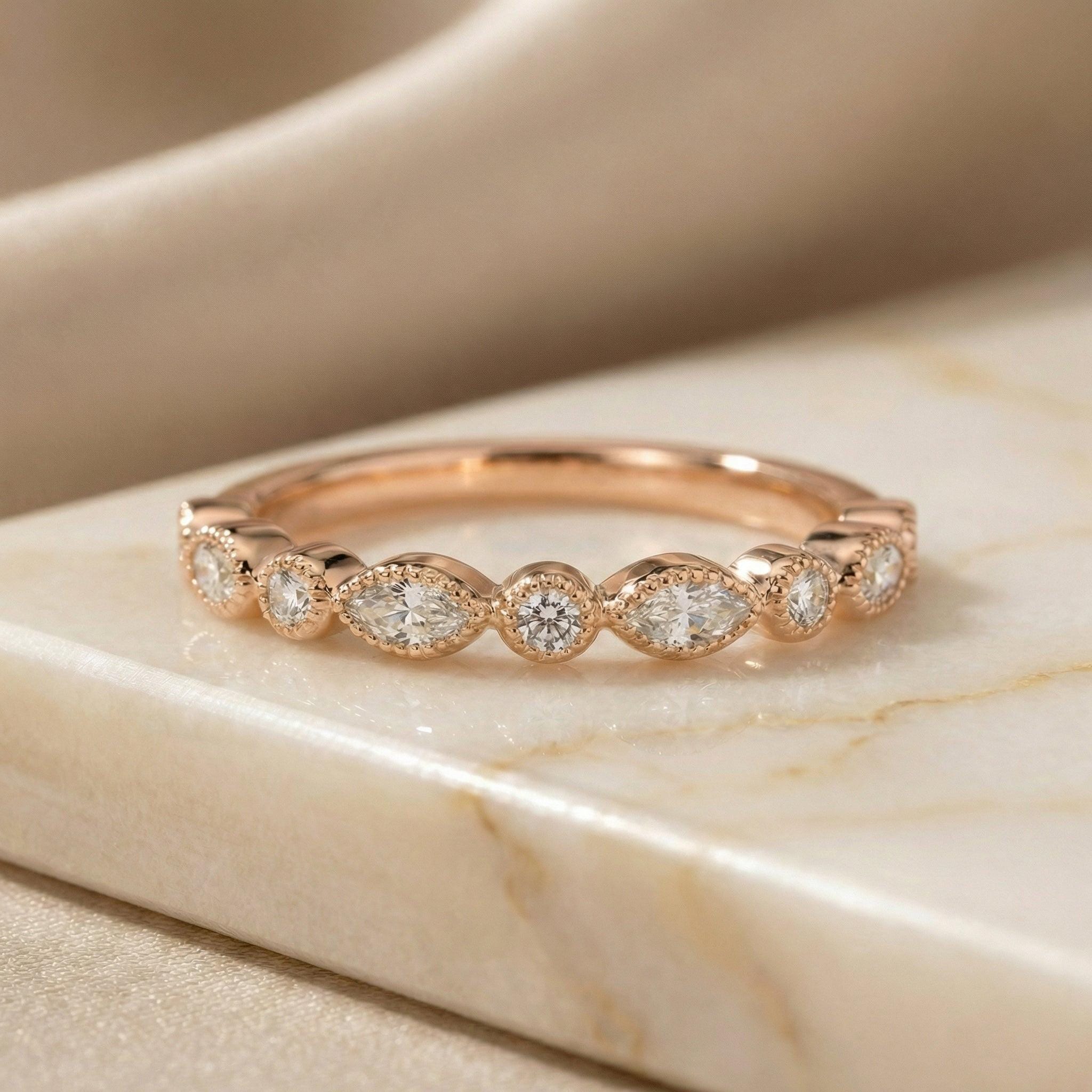 Round and Marquise Lab-Grown Diamond Wedding Ring, 1.5mm Art Deco Stacking Ring, Half Eternity Matching Band Gift for Women (1.50mm)