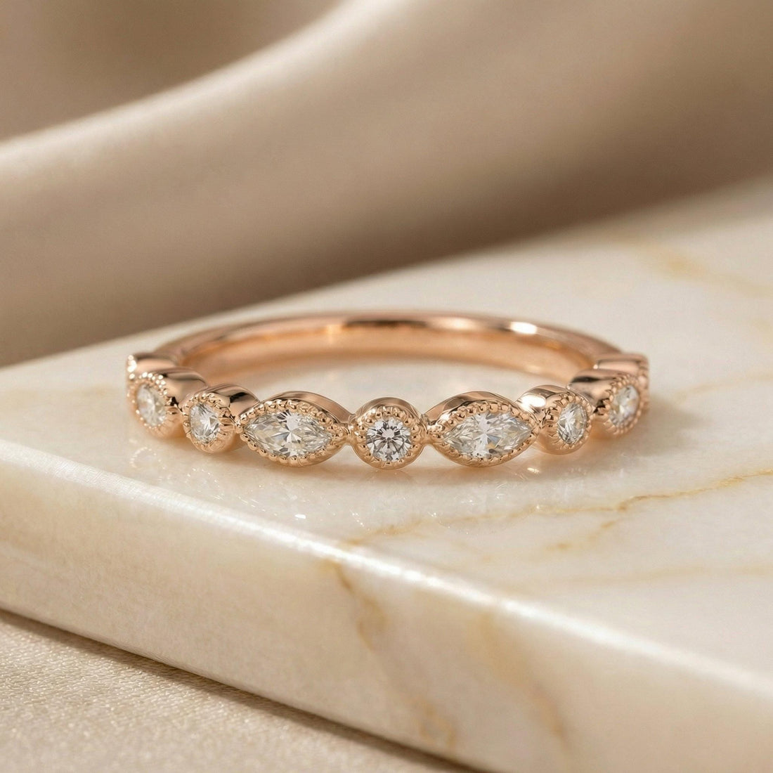 Round and Marquise Lab-Grown Diamond Wedding Ring, 1.5mm Art Deco Stacking Ring, Half Eternity Matching Band Gift for Women (1.50mm)