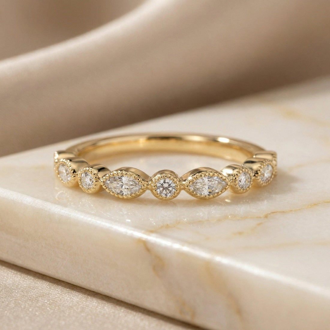 Round and Marquise Lab-Grown Diamond Wedding Ring, 1.5mm Art Deco Stacking Ring, Half Eternity Matching Band Gift for Women (1.50mm)