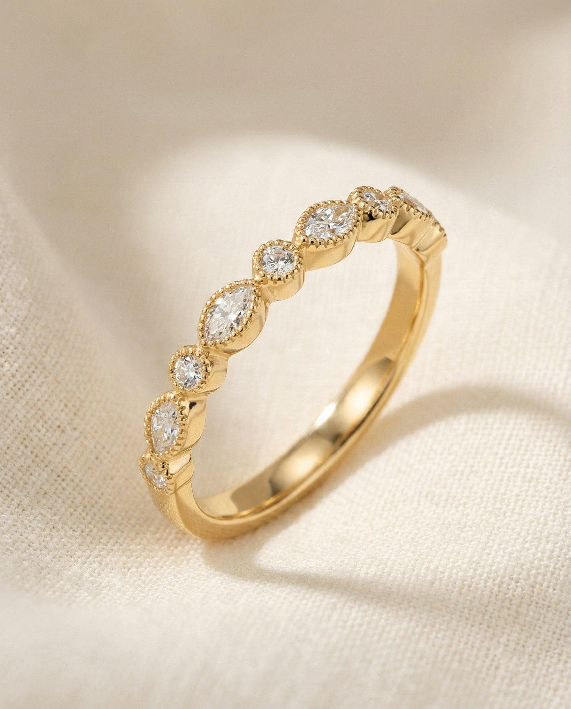 Round and Marquise Lab-Grown Diamond Wedding Ring, 1.5mm Art Deco Stacking Ring, Half Eternity Matching Band Gift for Women (1.50mm)