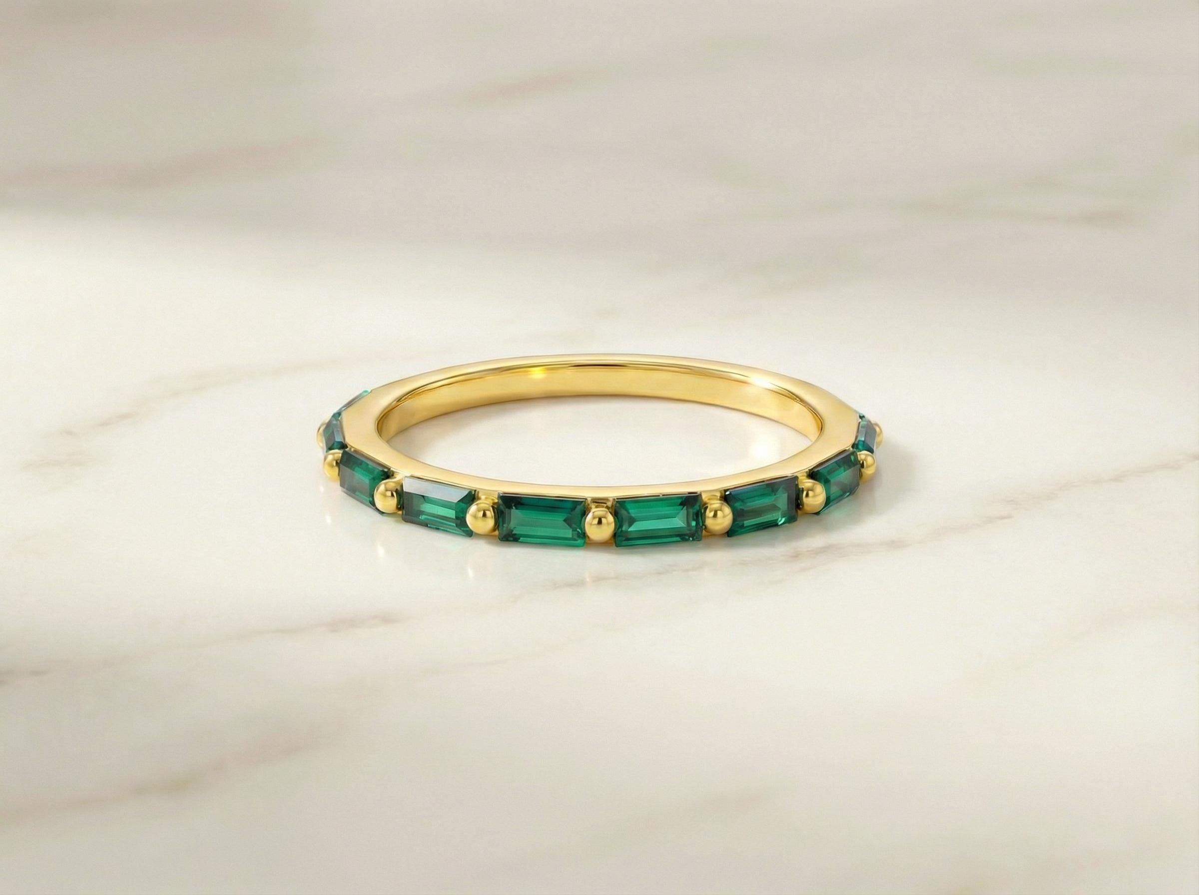 Baguette Emerald Wedding Ring, May Birthstone Ring, Half Eternity Baguette Emerald Ring, Vintage Promise Ring Gift for Her