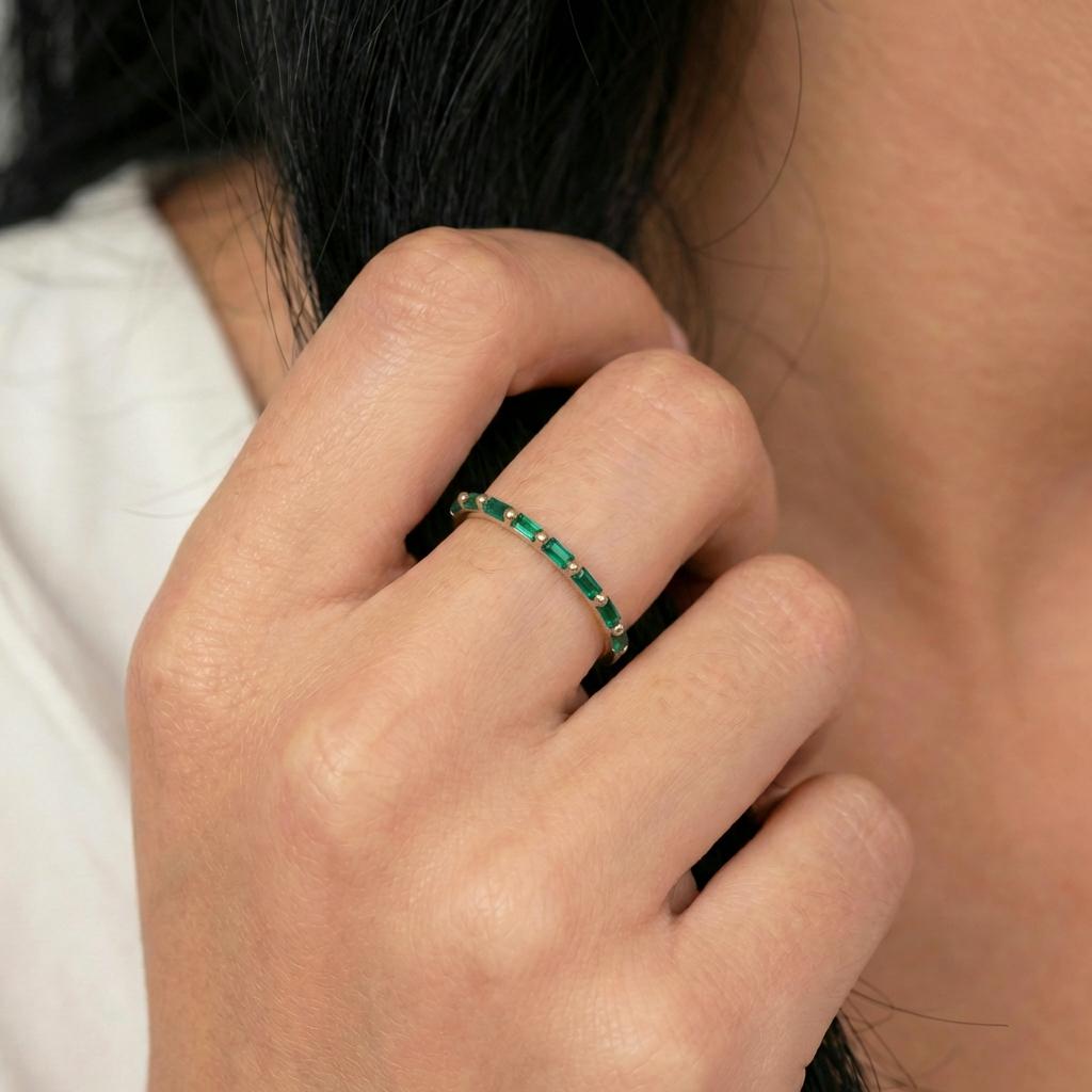 Baguette Emerald Wedding Ring, May Birthstone Ring, Half Eternity Baguette Emerald Ring, Vintage Promise Ring Gift for Her