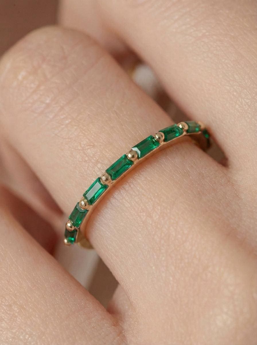 Baguette Emerald Wedding Ring, May Birthstone Ring, Half Eternity Baguette Emerald Ring, Vintage Promise Ring Gift for Her