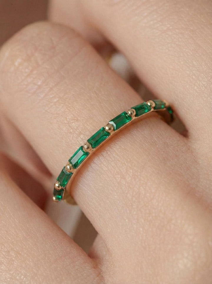 Baguette Emerald Wedding Ring, May Birthstone Ring, Half Eternity Baguette Emerald Ring, Vintage Promise Ring Gift for Her