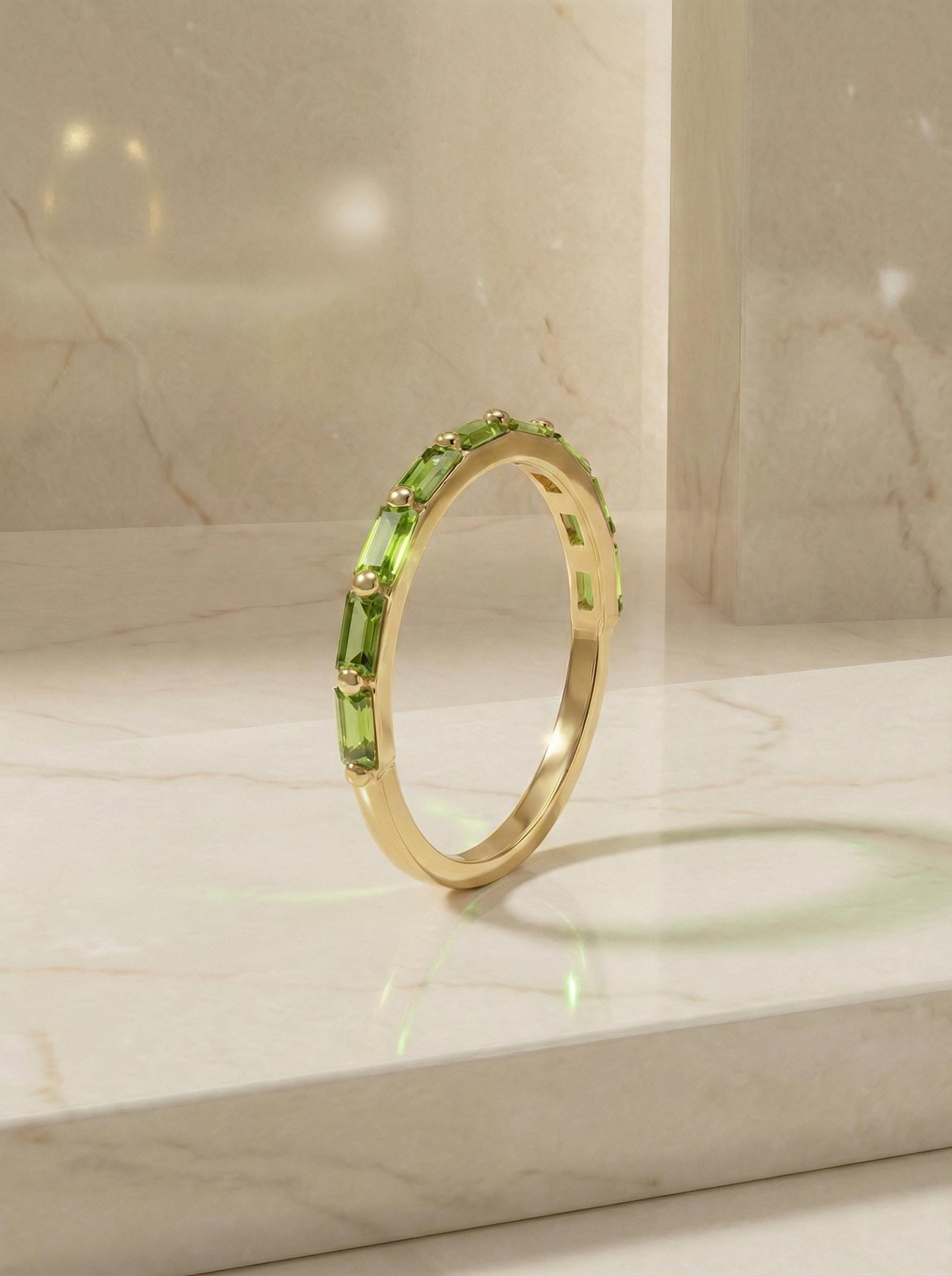 Baguette Peridot Wedding Ring, August Birthstone Ring, Half Eternity Baguette Peridot Ring, Vintage Promise Ring Gift for Her