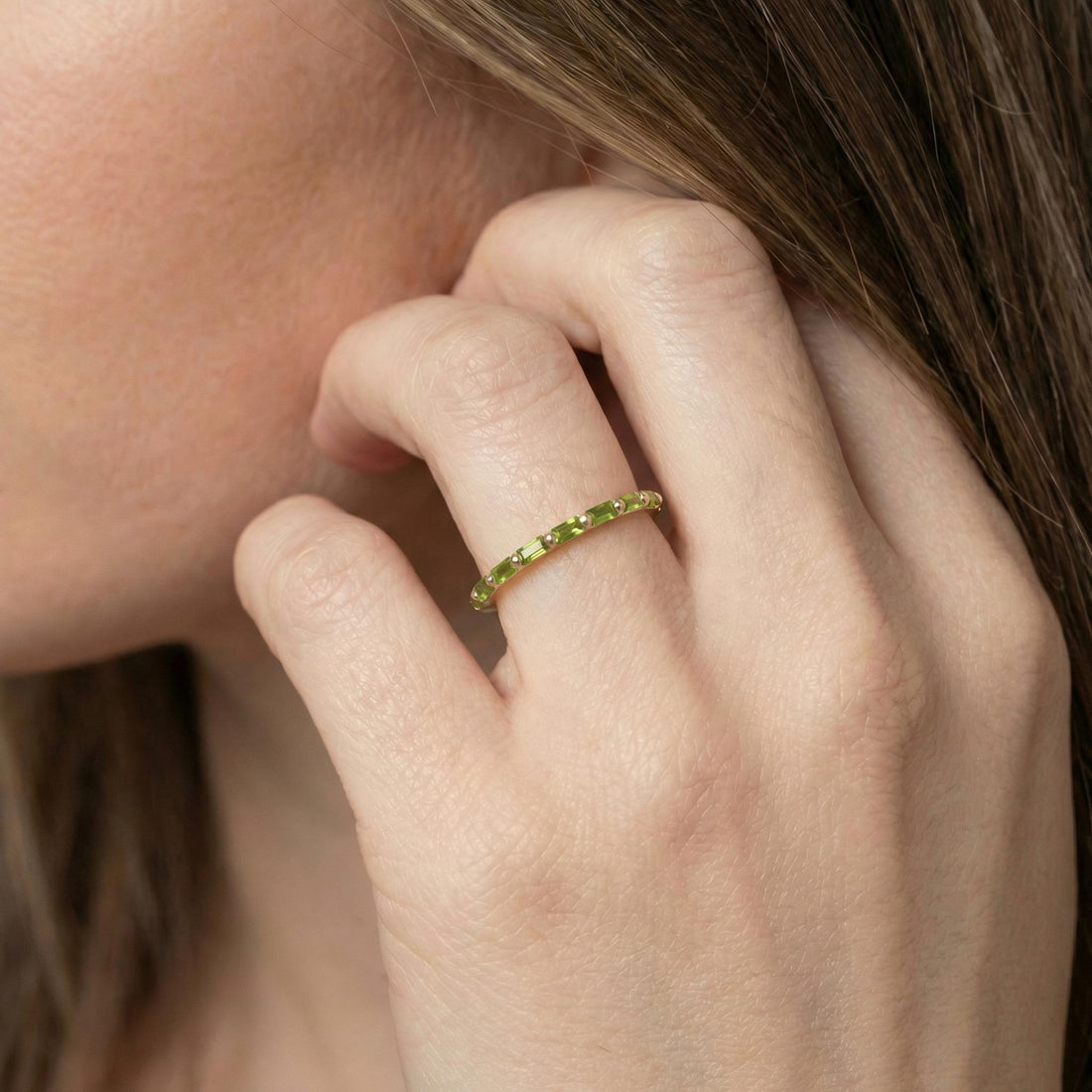 Baguette Peridot Wedding Ring, August Birthstone Ring, Half Eternity Baguette Peridot Ring, Vintage Promise Ring Gift for Her