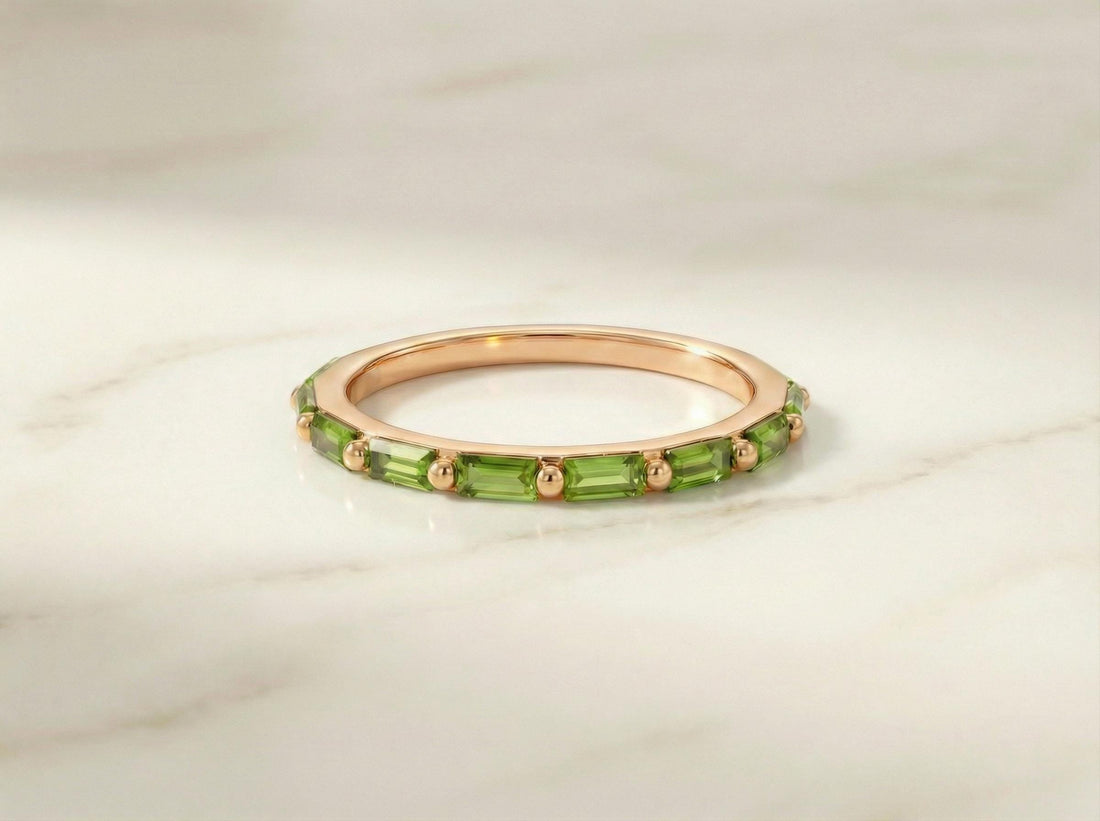 Baguette Peridot Wedding Ring, August Birthstone Ring, Half Eternity Baguette Peridot Ring, Vintage Promise Ring Gift for Her