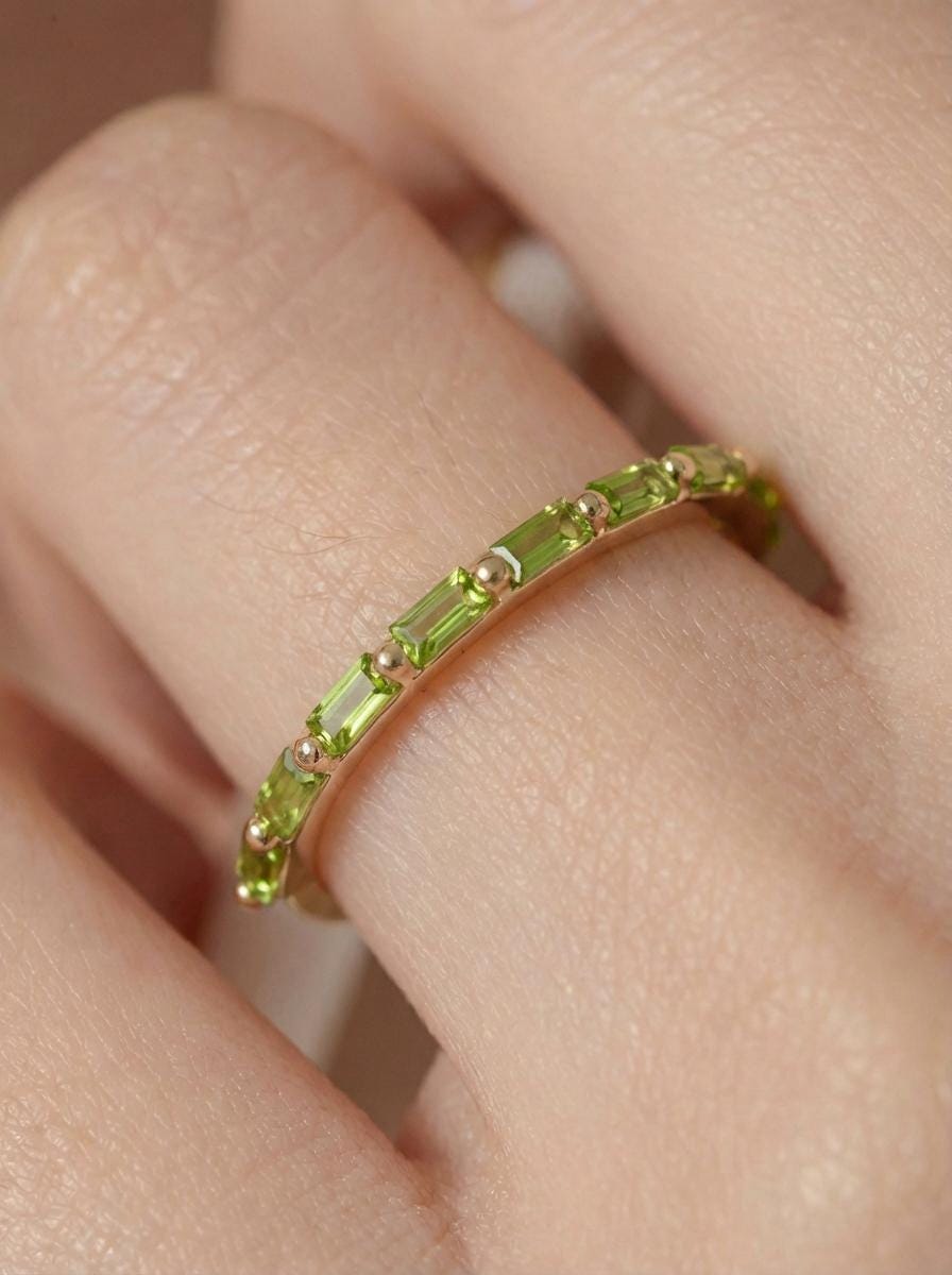 Baguette Peridot Wedding Ring, August Birthstone Ring, Half Eternity Baguette Peridot Ring, Vintage Promise Ring Gift for Her