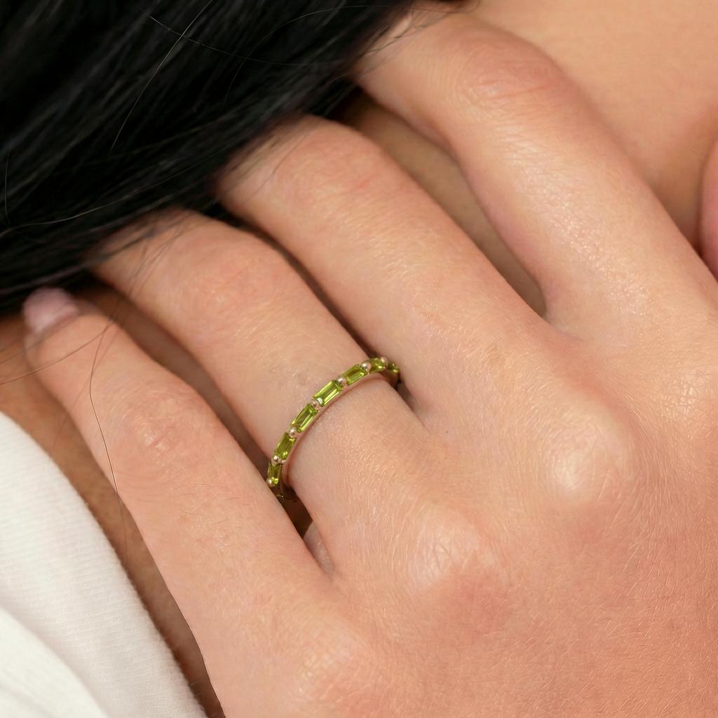 Baguette Peridot Wedding Ring, August Birthstone Ring, Half Eternity Baguette Peridot Ring, Vintage Promise Ring Gift for Her