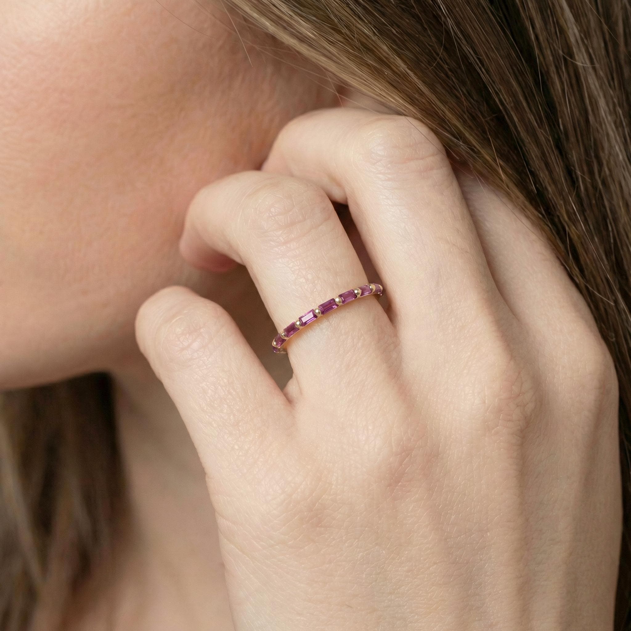 Baguette Pink Tourmaline Wedding Ring, October Birthstone Ring, Half Eternity Baguette Pink Tourmaline Ring