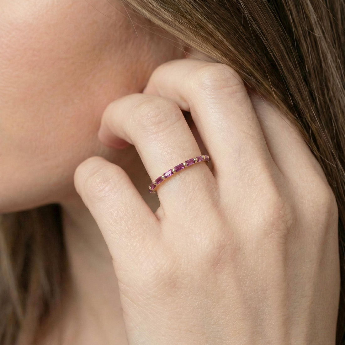 Baguette Pink Tourmaline Wedding Ring, October Birthstone Ring, Half Eternity Baguette Pink Tourmaline Ring