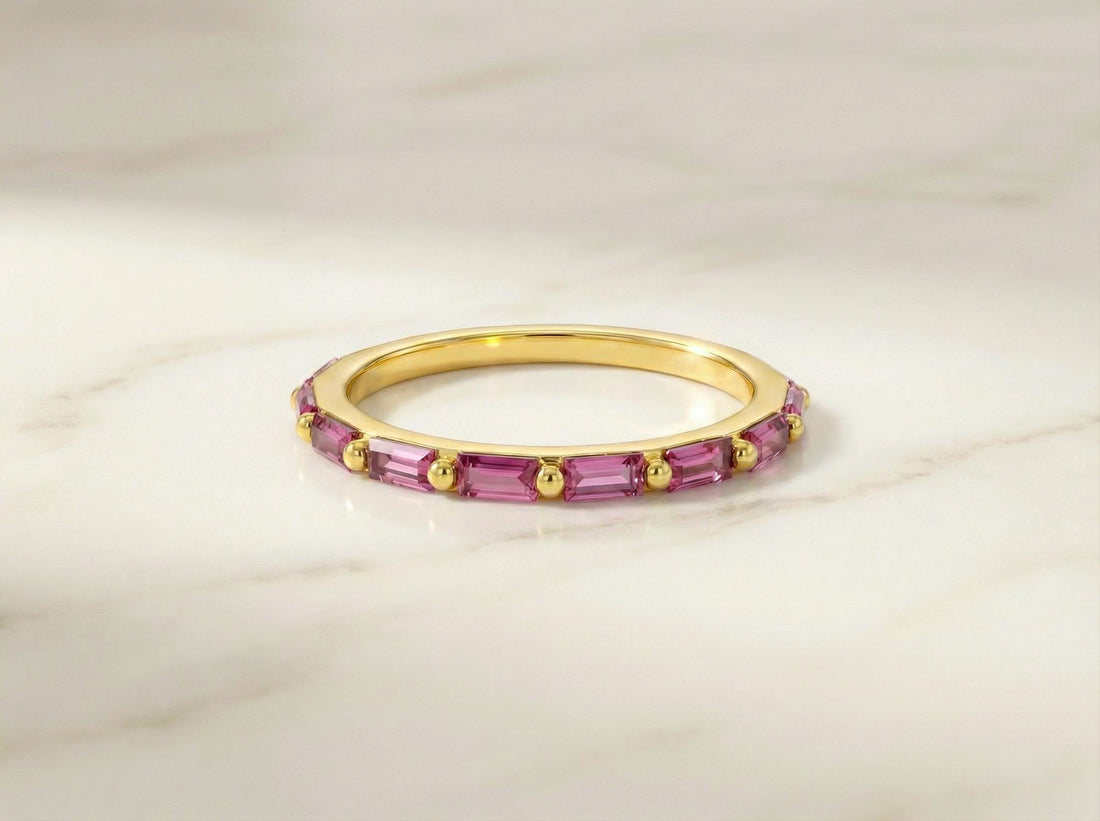 Baguette Pink Tourmaline Wedding Ring, October Birthstone Ring, Half Eternity Baguette Pink Tourmaline Ring