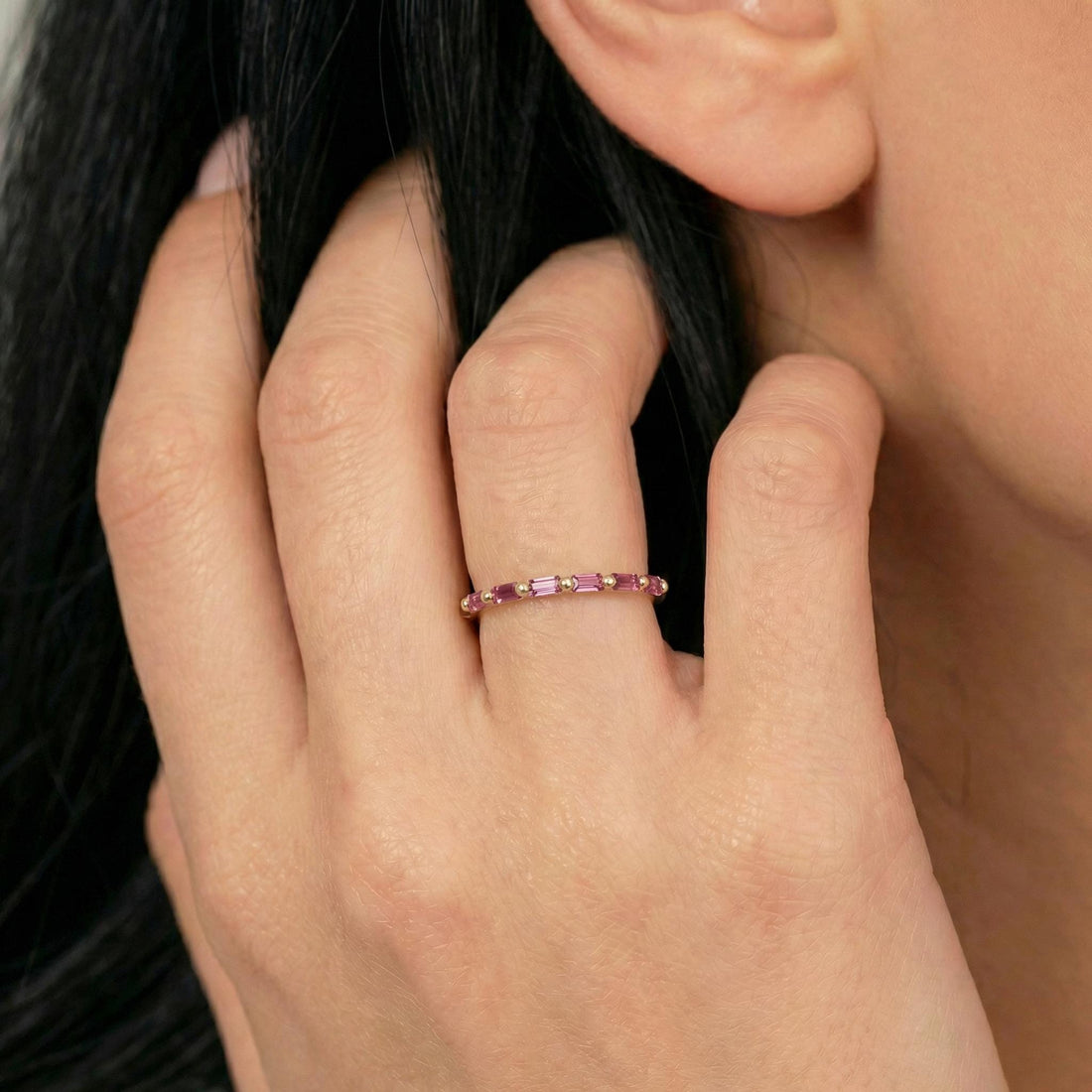 Baguette Pink Tourmaline Wedding Ring, October Birthstone Ring, Half Eternity Baguette Pink Tourmaline Ring