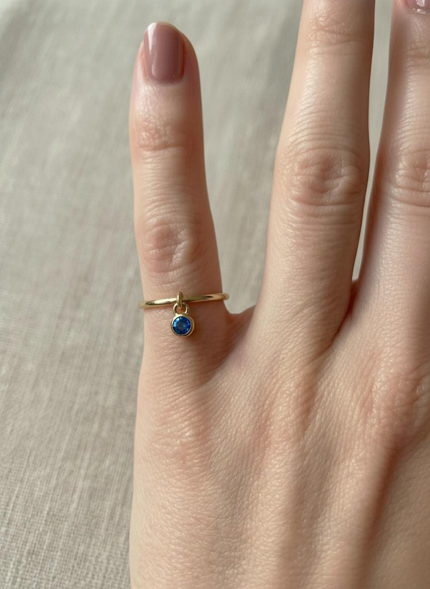 Blue Zircon Charm Ring Dainty Blue Gemstone Ring Minimalist Bezel Blue Zircon Ring December Birthstone Gift For Mom