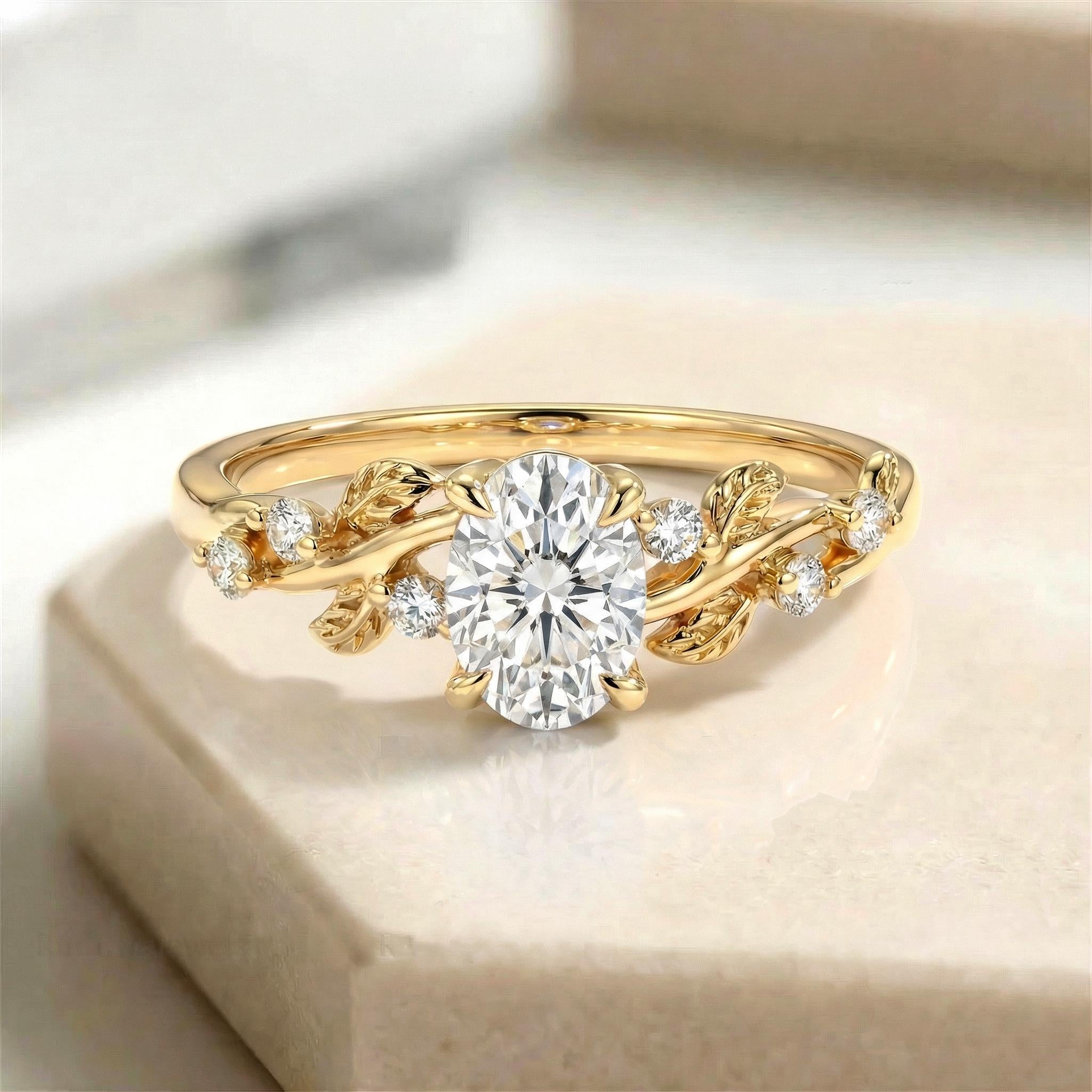 White Sapphire Ring for Women – September Birthstone Gift – 14K Gold Nature Inspired Jewelry