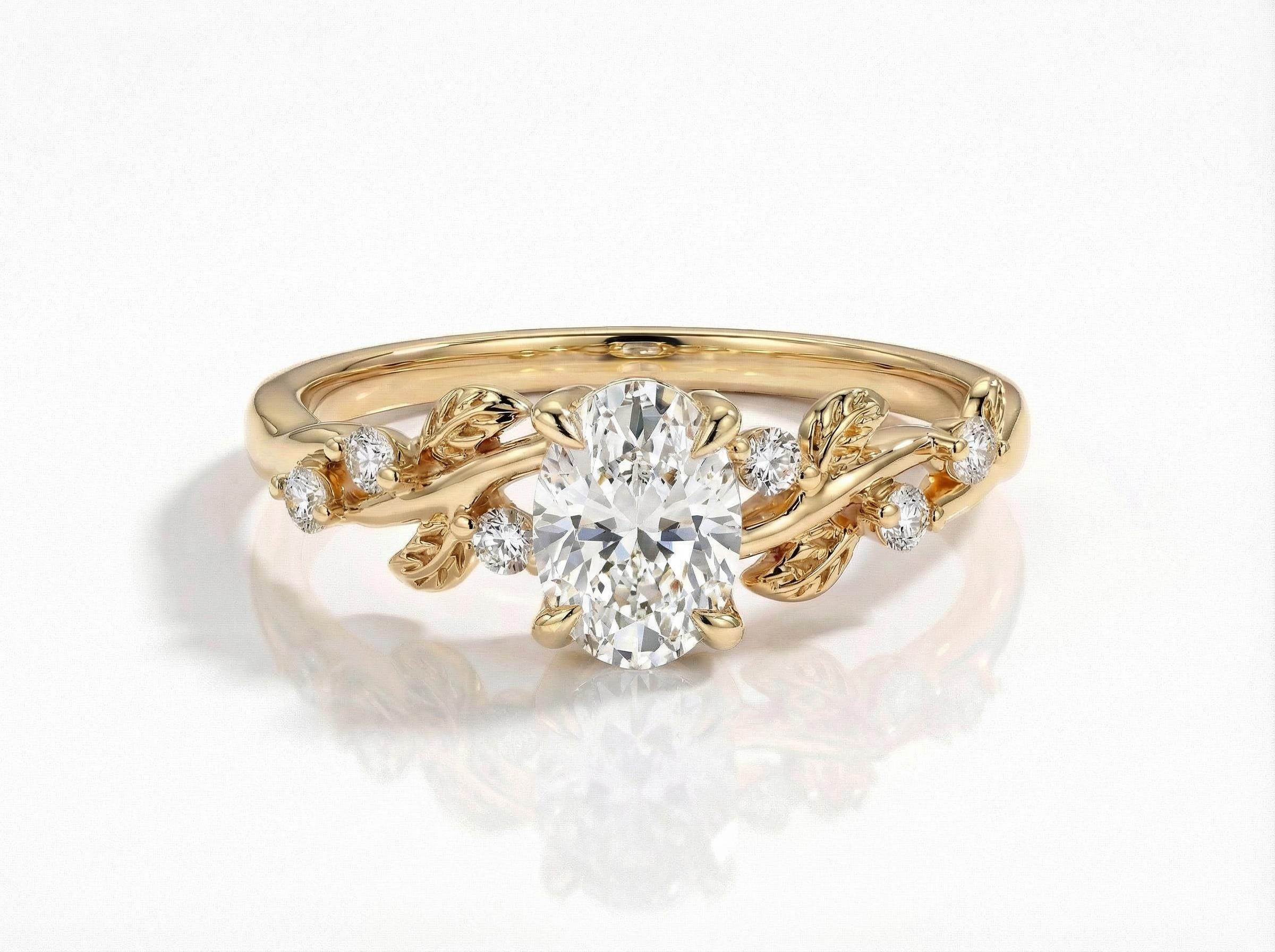 White Sapphire Ring for Women – September Birthstone Gift – 14K Gold Nature Inspired Jewelry