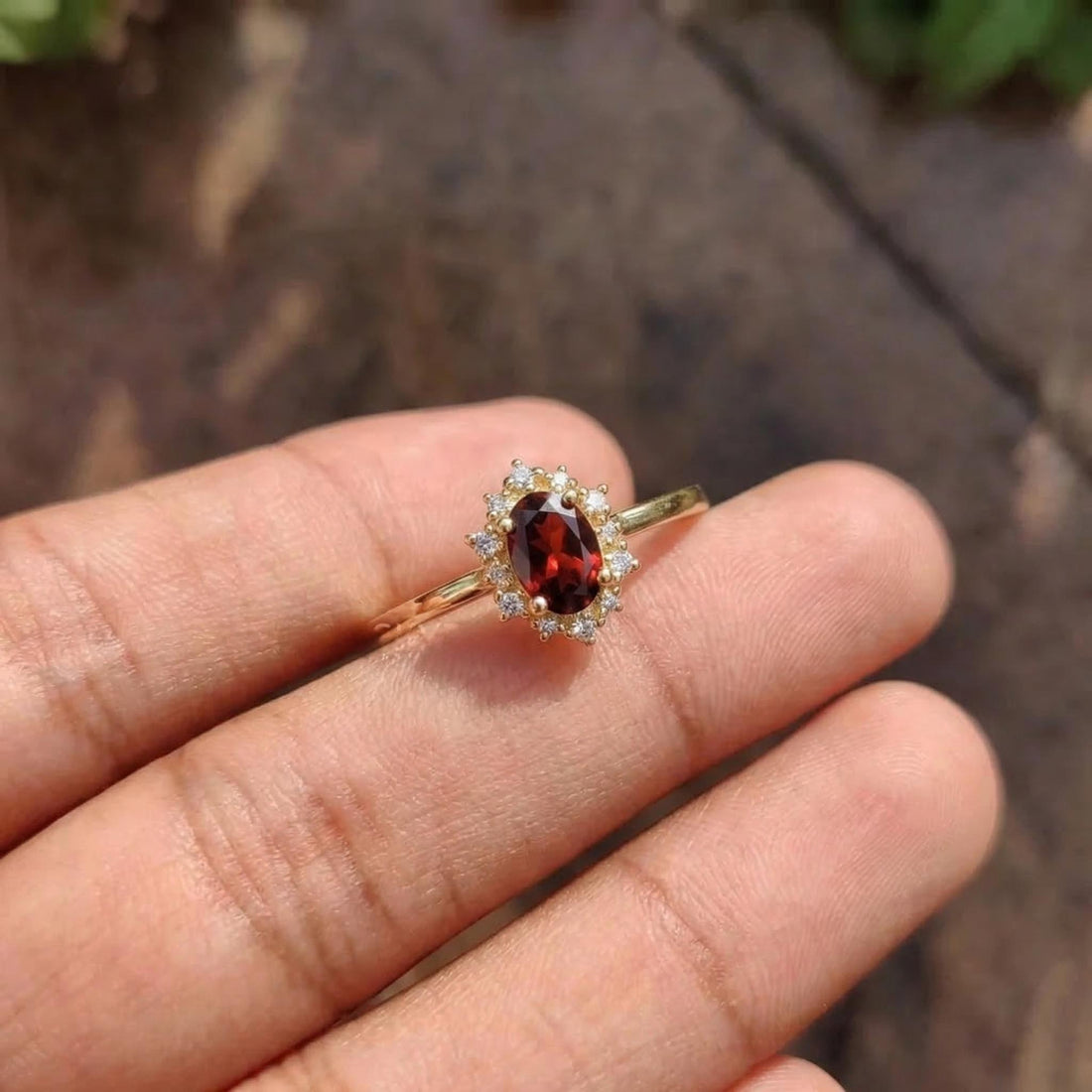 Oval Garnet Engagement Ring, Vintage Cluster Halo Gold Ring, Custom Gemstone Wedding Jewelry, January Birthstone