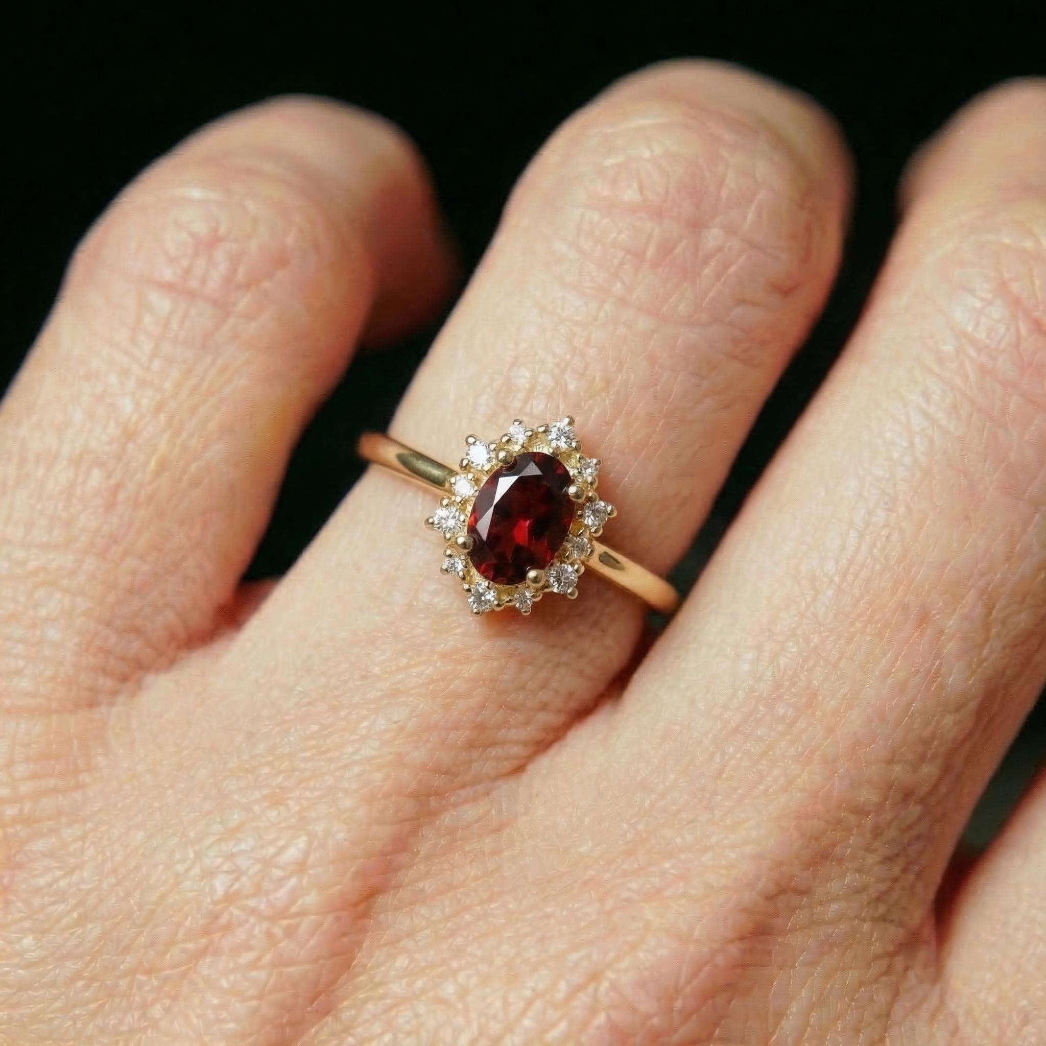 Oval Garnet Engagement Ring, Vintage Cluster Halo Gold Ring, Custom Gemstone Wedding Jewelry, January Birthstone