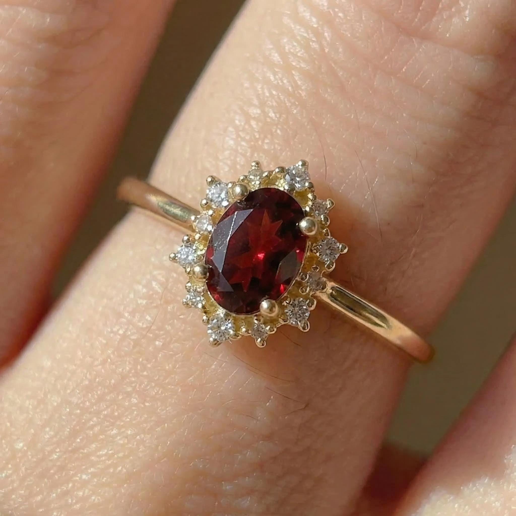 Oval Garnet Engagement Ring, Vintage Cluster Halo Gold Ring, Custom Gemstone Wedding Jewelry, January Birthstone
