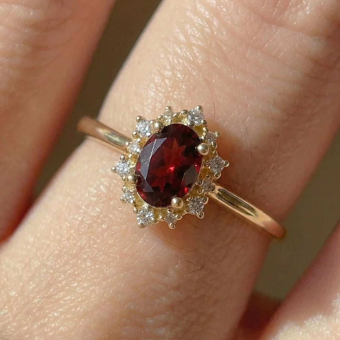 Oval Garnet Engagement Ring, Vintage Cluster Halo Gold Ring, Custom Gemstone Wedding Jewelry, January Birthstone
