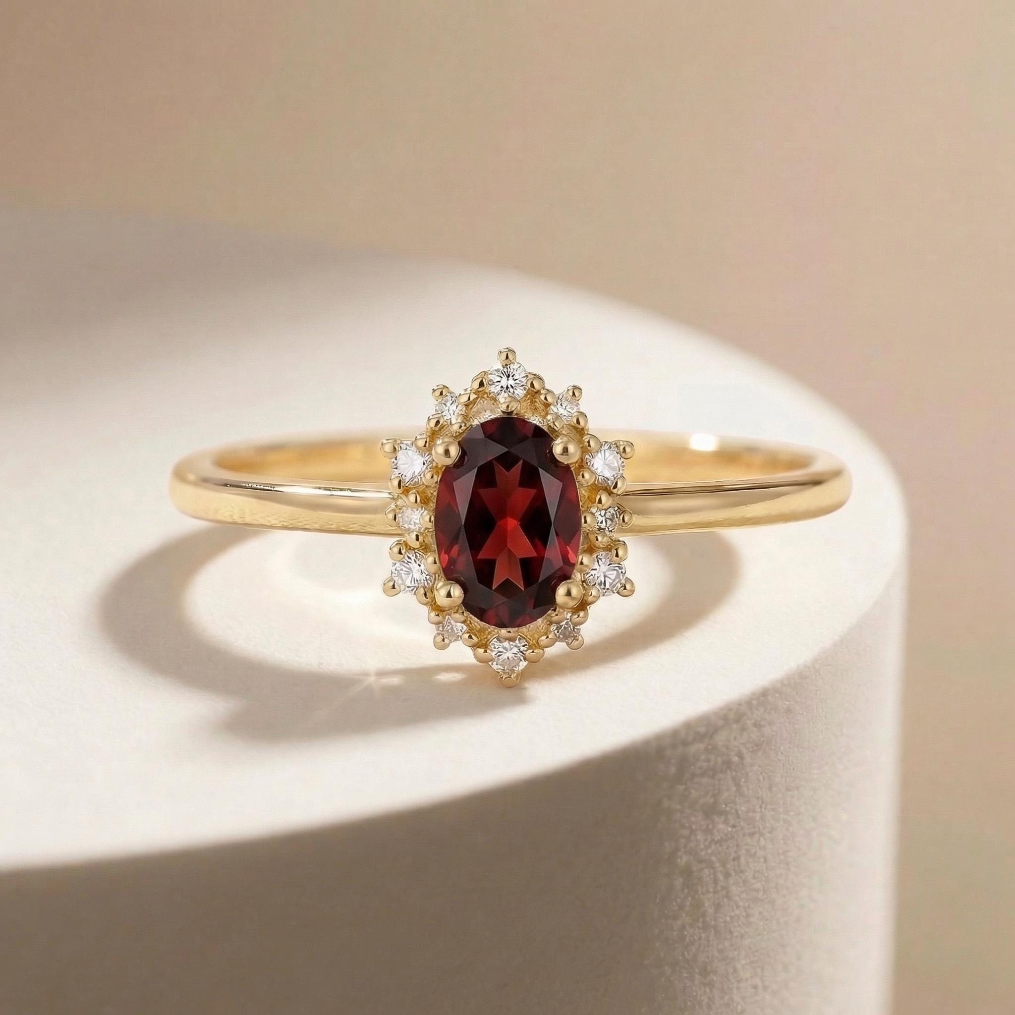 Oval Garnet Engagement Ring, Vintage Cluster Halo Gold Ring, Custom Gemstone Wedding Jewelry, January Birthstone