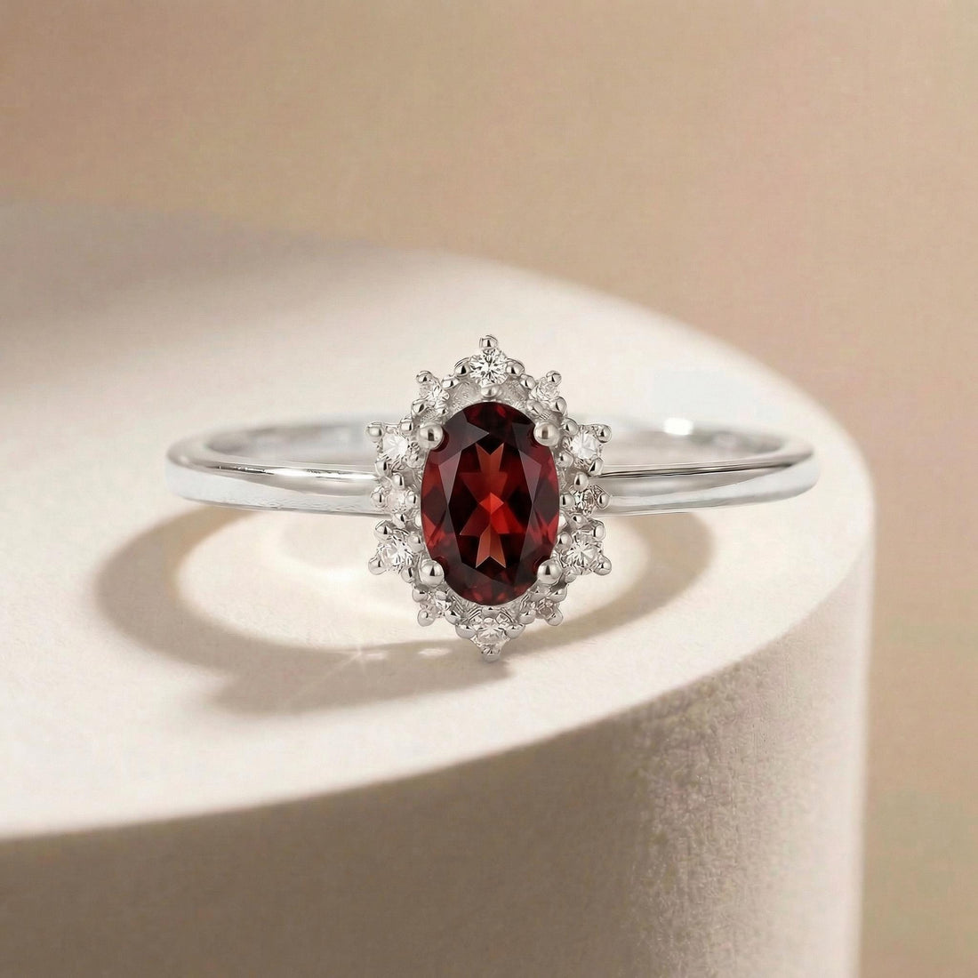 Oval Garnet Engagement Ring, Vintage Cluster Halo Gold Ring, Custom Gemstone Wedding Jewelry, January Birthstone