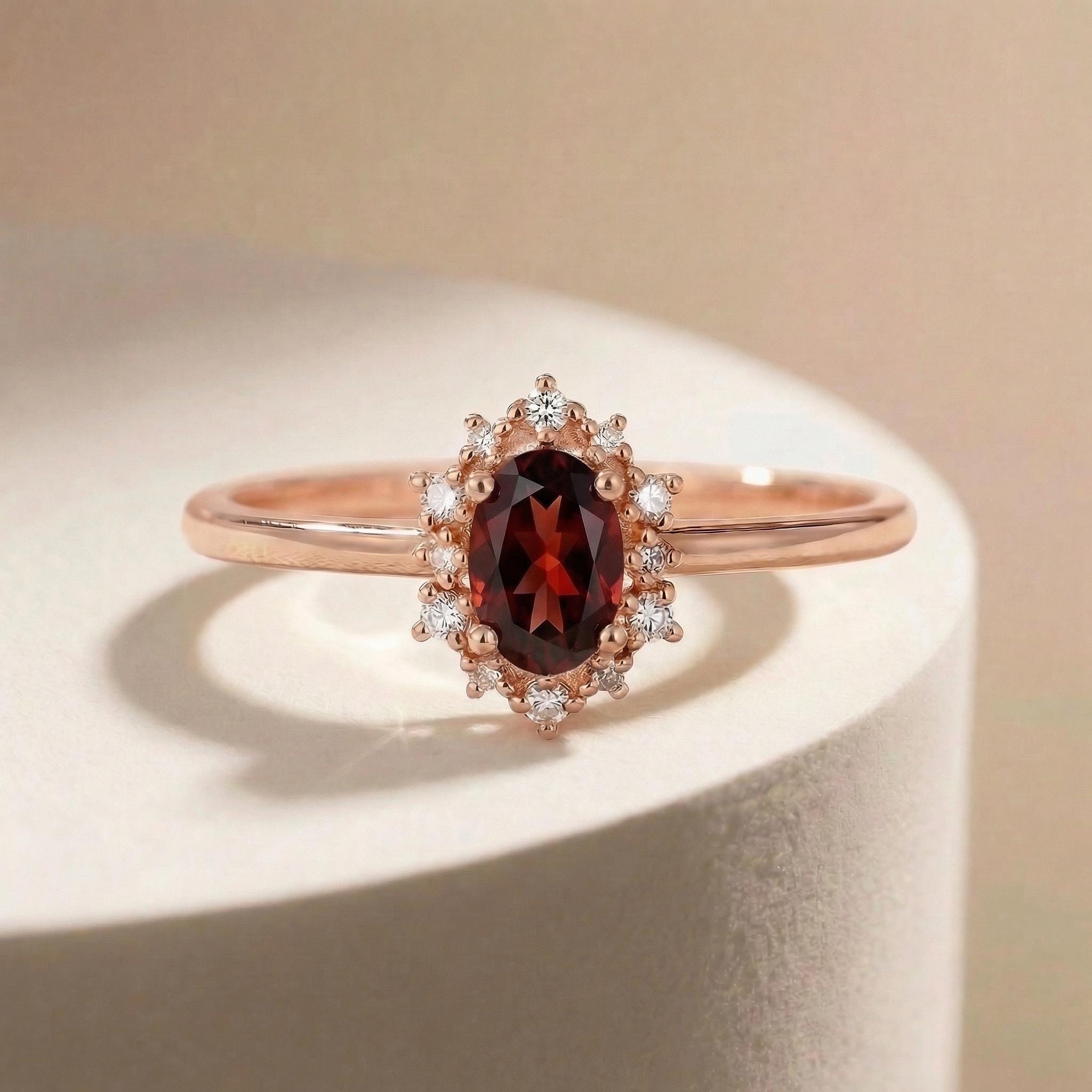 Oval Garnet Engagement Ring, Vintage Cluster Halo Gold Ring, Custom Gemstone Wedding Jewelry, January Birthstone