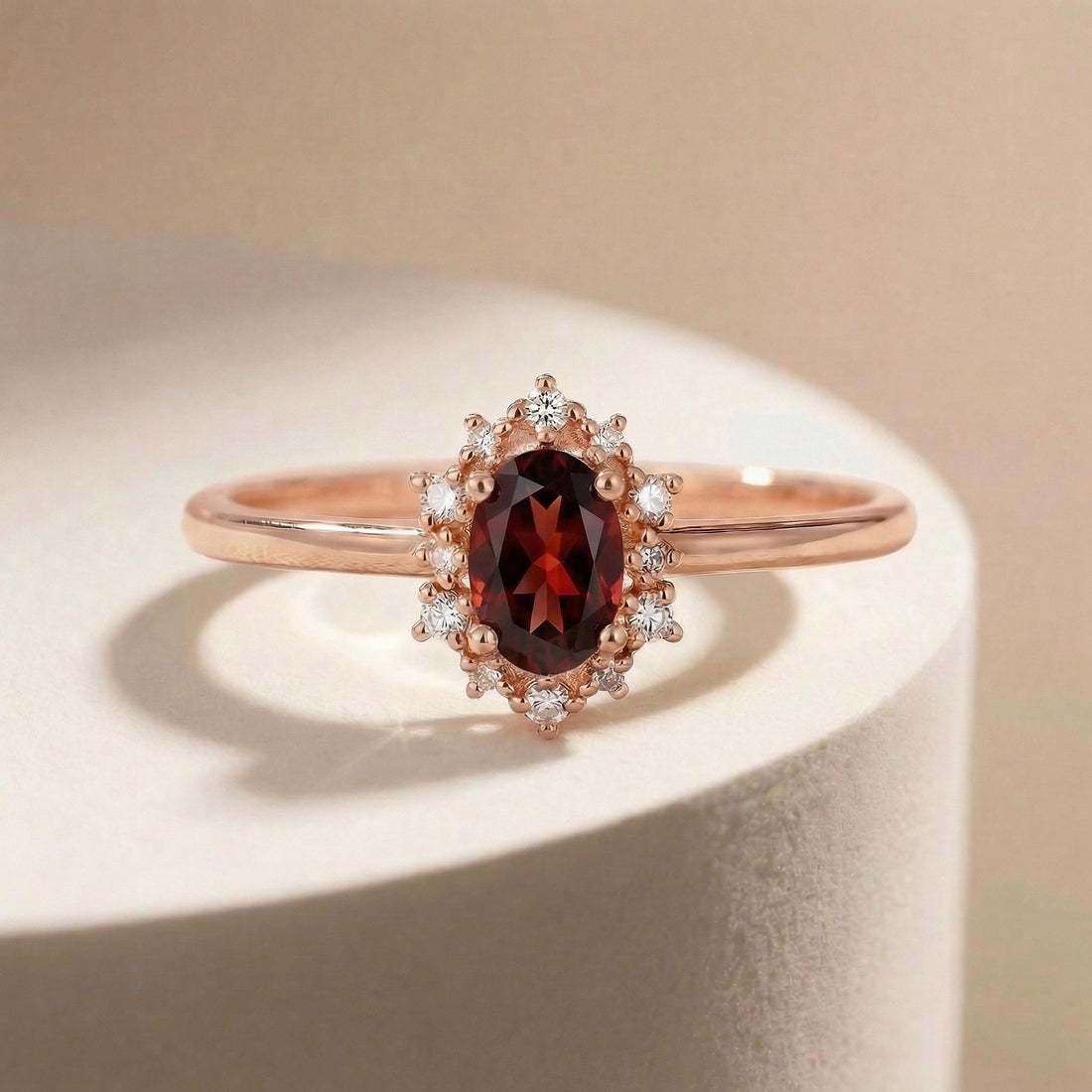 Oval Garnet Engagement Ring, Vintage Cluster Halo Gold Ring, Custom Gemstone Wedding Jewelry, January Birthstone