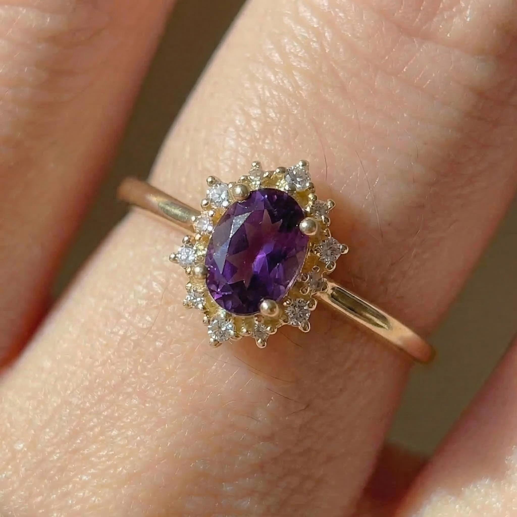 Amethyst Halo Engagement Ring, Vintage Oval Amethyst Wedding Ring, February Birthstone Gift, Promise Ring Gift for Women