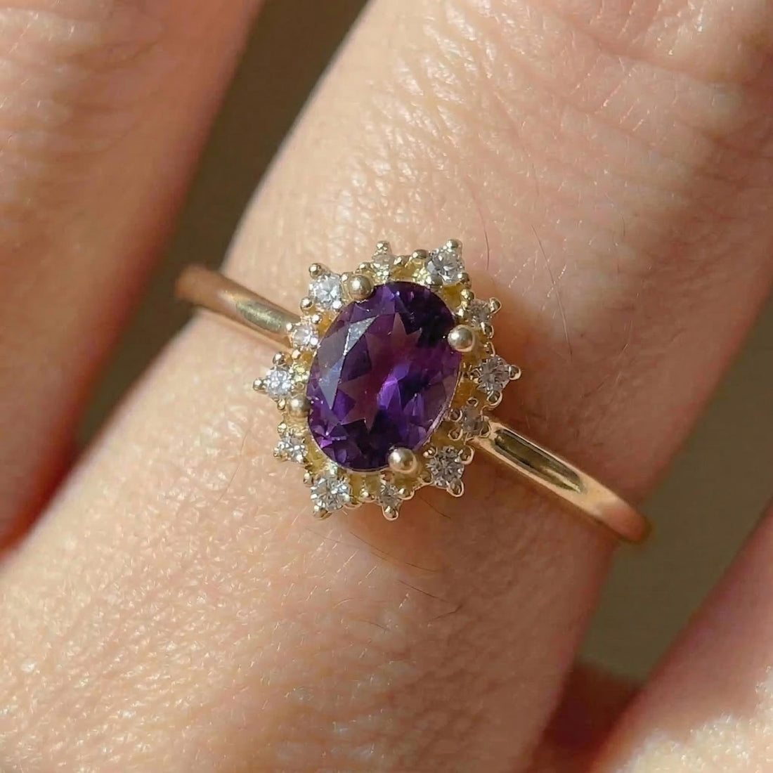 Amethyst Halo Engagement Ring, Vintage Oval Amethyst Wedding Ring, February Birthstone Gift, Promise Ring Gift for Women